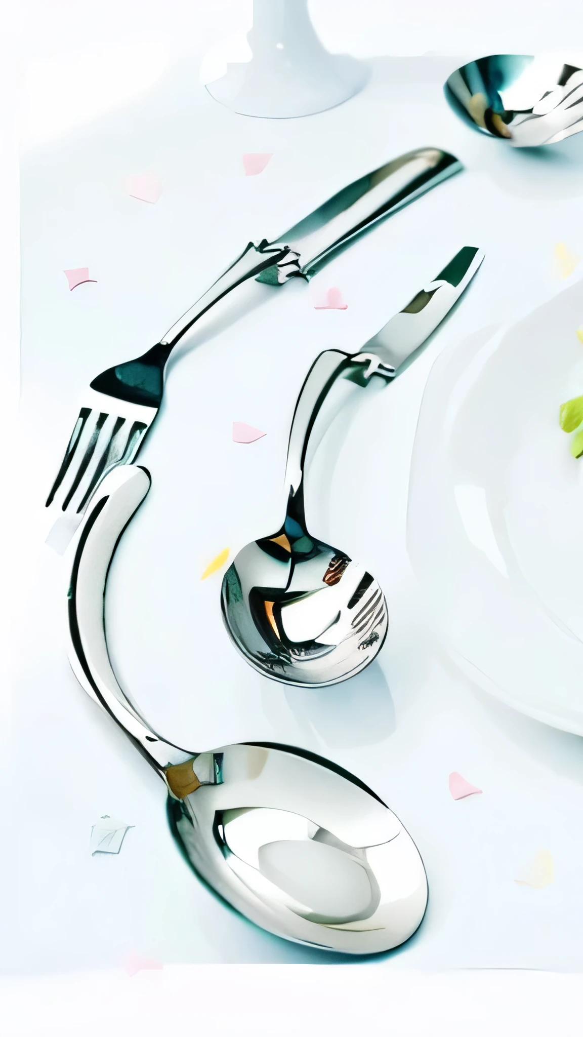 A group of tableware floating in the air in an orderly arrangement，The spoon is in the front，And a fork，pan，knife and fork