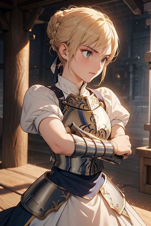 (best quality, masterpiece:1.2), knowledgeable, shrine, 1 girl, alone, armor, arms, sword, shining sword, shining arms, French braid, armored dress, shining, gauntlet, holding, breastplate, double bun hairstyle, upper body, brave posture, brandishing the sword, showcasing swordsmanship