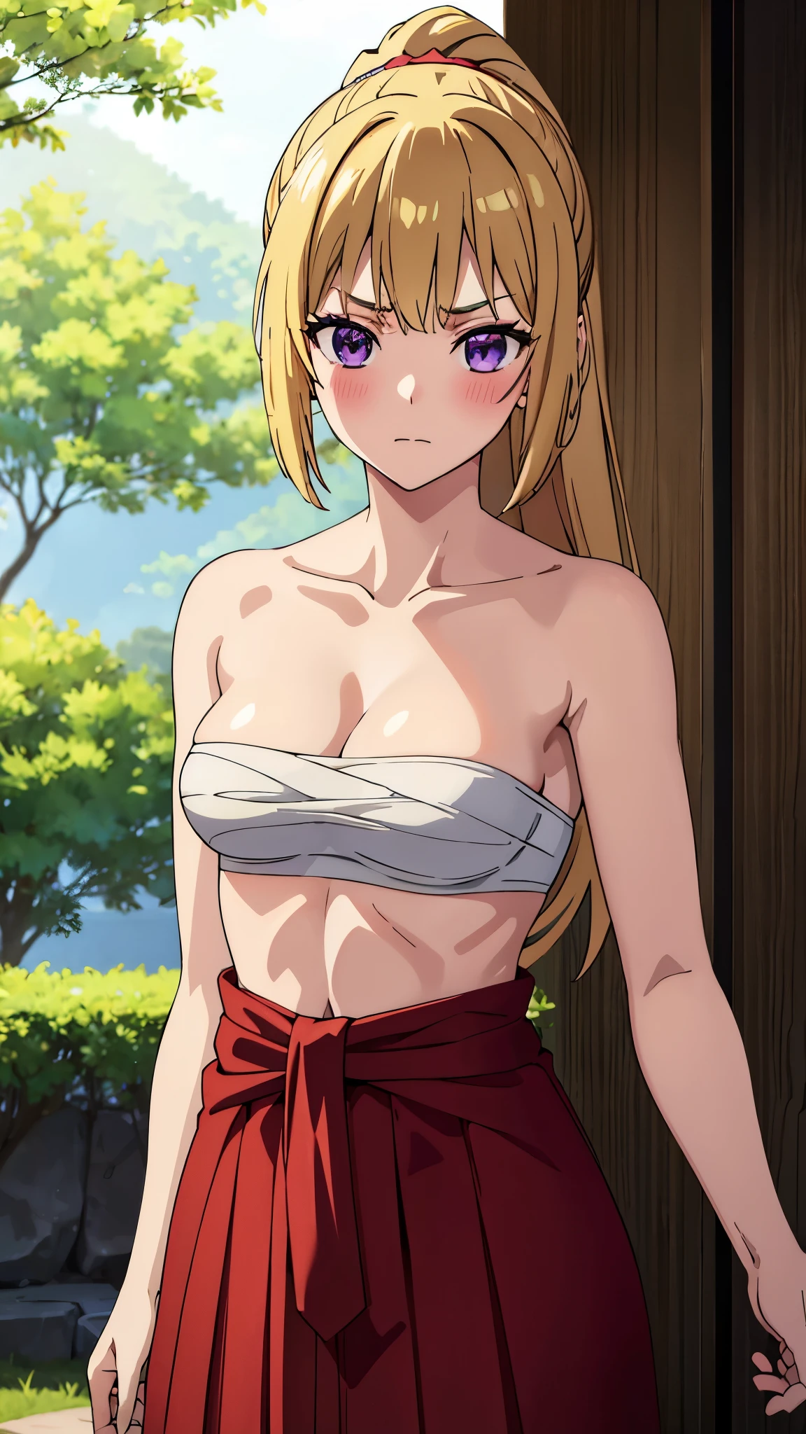 masterpiece, highres, solo, 8k, detailed, perfect face, best quality, (ultra high quality), (looking at viewers), (armpit), collarbone, bare arms, bare shoulders, medium breast, cleavage, blonde hair, long hair, ponytail hair, violet eyes, belly, stomach, navel, abs, sarashi chest, bandaged breast, (red hakama), slim body, upper body, closed mouth, blush, at forest, hand up