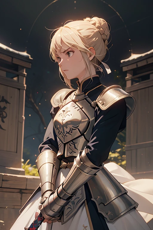 (best quality, masterpiece:1.2), knowledge, shrine, 1 girl, alone, armor, arms, sword, shining sword, shining arms, French braid, armored dress, shining, gauntlet, holding, breastplate, double bun hairstyle, upper body, brave posture, holding the sword, demonstrating sword skills.