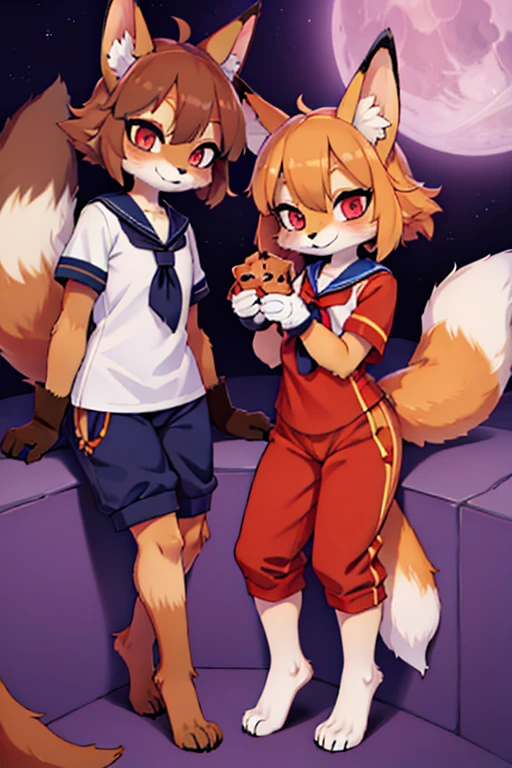 2 females, fox and raccoon, Furry, beastman, animal hair, tail, sailor suit, short sleeve, Jersey pants, long pants, gloves, barefoot