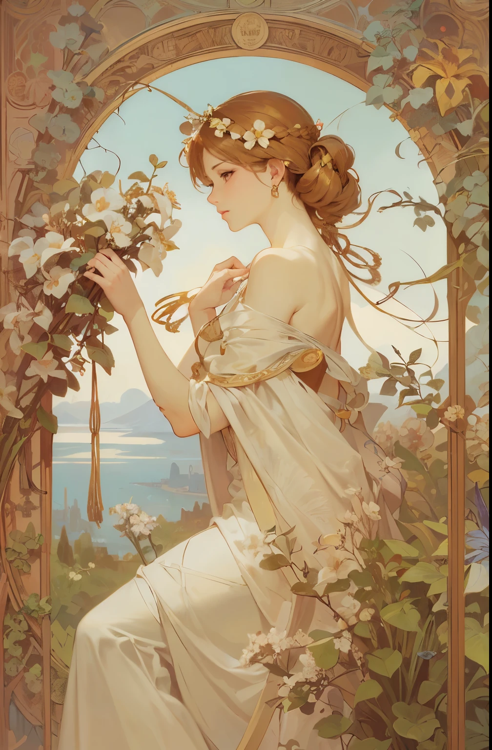(masterpiece,best quality),(beautiful background:1.2),(8k,high-res,detailed),(poster),flat shading:1.4,
Alphonse Mucha,
(solo:1.2),a woman,hair with flowers,bare shoulder,small face:1.5,
Chubby,flower,Moon,night, Iris sanguinea,starry sky,