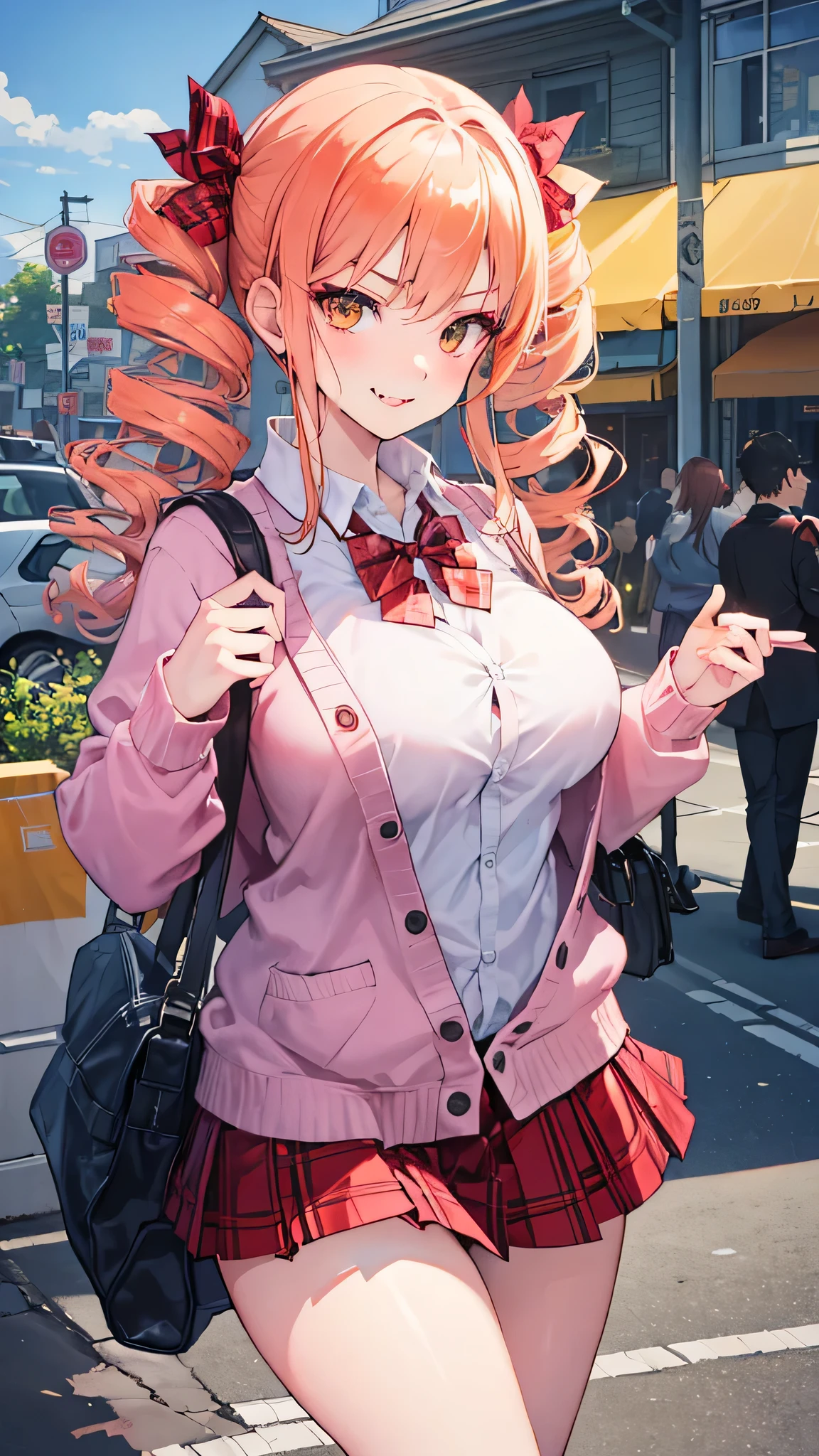 (masterpiece:1.2, top-quality), (realistic, photorealistic:1.4), beautiful illustration, looking at viewer, front view:0.6, 1 girl, high school girl, bangs, yorigami jo'on, double drill hairs, orange hair, orange eyes, large breasts:0.8, (thick thighs), beautiful hair, beautiful face, beautiful detailed eyes, beautiful clavicle, beautiful body, beautiful chest, beautiful thigh, beautiful legs, beautiful fingers, (beautiful scenery), sidewalk, ((pleated mini skirt, socks, red private school uniform:1.2, light pink cardigan, red plaid pleated skirt, red plaid bow tie, red plaid hair ribbon)), pink panties, (swollen), ((seductive posture: 1.2, attractiveness: 1.2)), (idle), (erotic, sexy, upper eyes, makeup, smile, seductive smile, fangs, fang out, v-shaped eyebrows, smug, skin fang, red lips, troll), shiny skin, perfect face, cute and symmetrical face, natural side lighting, movie lighting), walking, gyaru, voluminous eyelashes, glaring, black stockings, cowboy shot