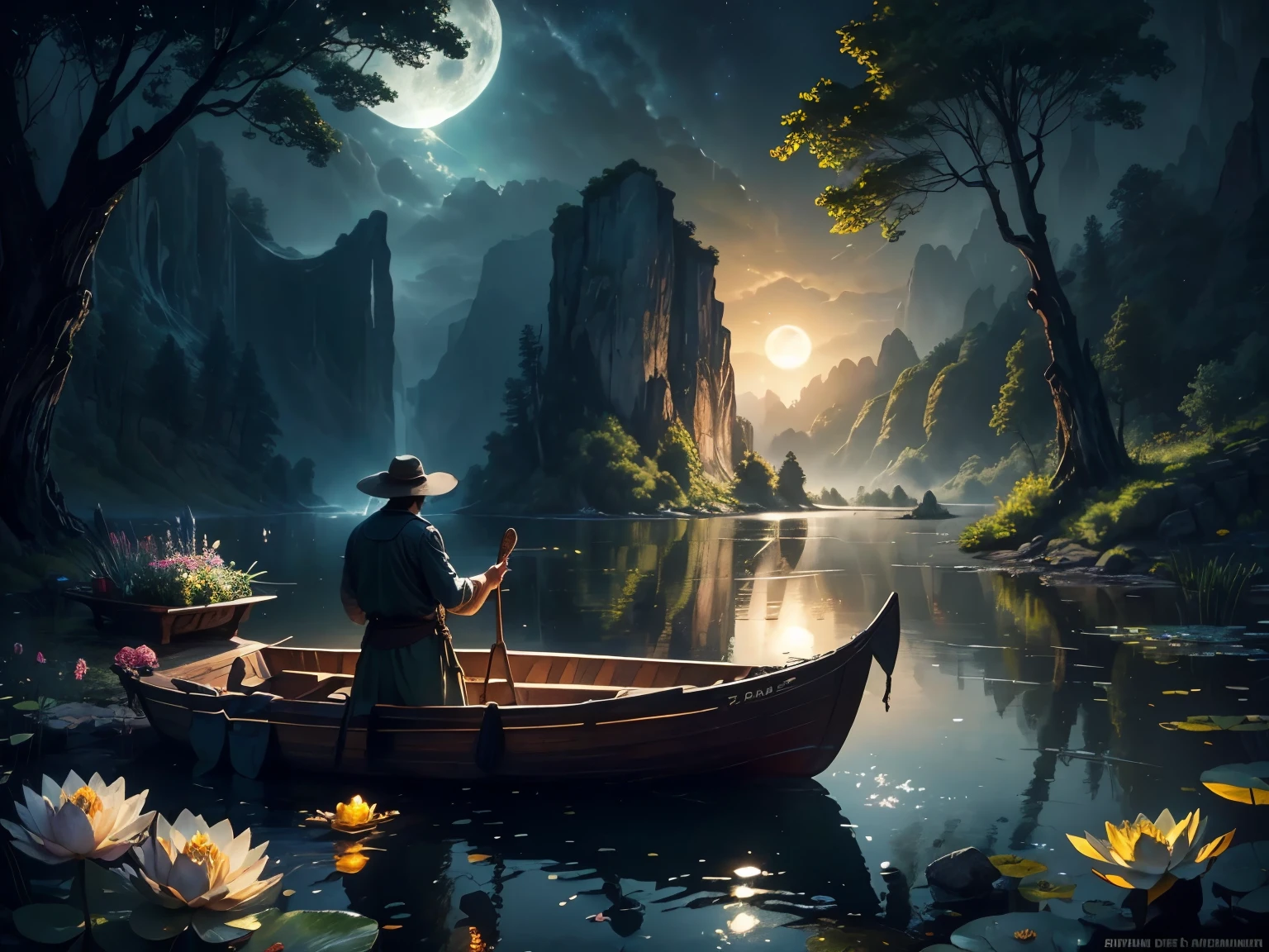 night fisherman in canoe, it is night on the pond, man in boat fishing, silhouette of boat and fisherman in pond, huge full moon, arm of the Milky Way, country cabin, sunset, fog in the forest, waterfall flows into pond, pond with garden, flowers and water lily in pond, rock bridge, epic landscape, oil painting art, watercolor art, trend in artstation, trend in CGSociety, intricate, high detail, dramatic, ((roses and flowers on the banks of the pond)), ((Oil painting)), ((rock bridge)), fisherman in a boat in the middle of the scene, fisherman in a boat carries a lamp, well detailed fisherman in a boat, man on a boat,