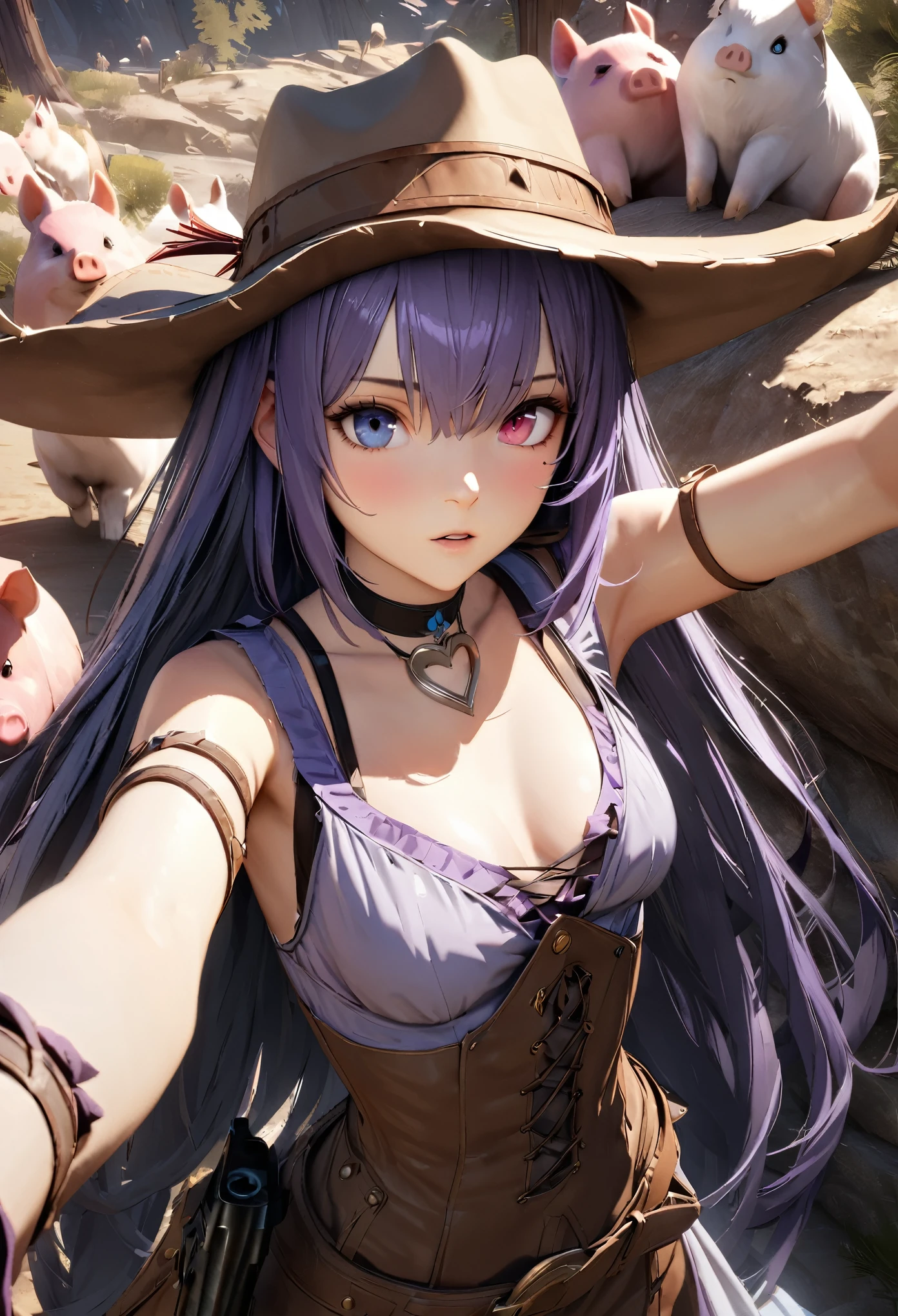 Masterpiece, Best Quality, Super Detailed, High Definition, Expensive Resolution, HDR, 4k, 8K, Unity 8k Wallpaper, Super Detailed CG, Masterpiece, Realistic, 2D, 3D, Beautiful Details, Depth, Fine Texture, Super Fine: 1.3, Fully focused, crispy, skin, .he, Very cute anime girl, ((blue left eye, red right eye, odd eyes)),Break, desolate wilderness, cowboy style costume, cowboy hat, cowboy boots, handgun, lots of cute anime pigs around, Mexican wilderness, duel, handgun Standing with, purple long hair wearing expensive clothes, one girl, alone, purple long hair, cowboy style, cowboy hat, handgun, duel, cowboy boots under the eyes, looking at camera, expensive, blushing, mole, parted Lips, hair ornament, heart, choker