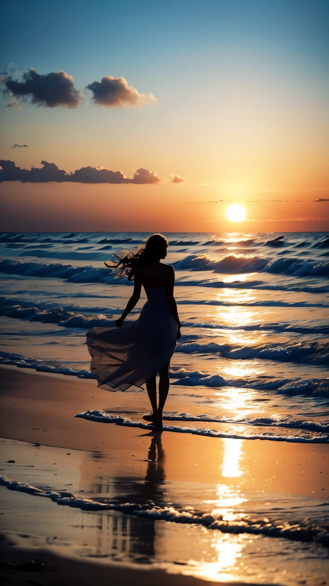 a true masterpiece depicting peace, all dreams, a woman on the beach, windy, silhouette, cinematic,hope, gorgeous lighting, contemplative, elegant, beautiful sea water, majestic sky,
