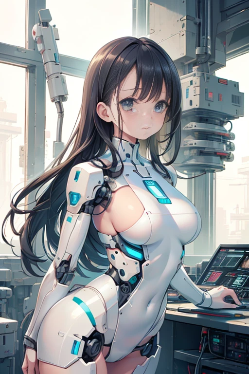 (realistic:1.4), (Raw photo)table top, highest quality, very detailed, (realistic:1.4), (8K, 4k, highest quality, High resolution, 超High resolution:1.1), 8K portrait,1 girl, Japanese アンdroid gid,Plump , announcer,Control panel,アンdroid,droid,mechanical hand, ,robot arms and legs, black hair,Machine body,dull bangs,white robot parts,perfect robot woman,charging spot,long tube,A thick cable was connected to his neck...,ceramic body ,Machine body, mechanical ear covers,アンdroid,robot humanoid,a little chubby,panties,full eyes,perfect machine body,white robot body,laboratory of the future,アンdroid factory,mechanical ear covers,white and light blue uniform,aqua accent costume,