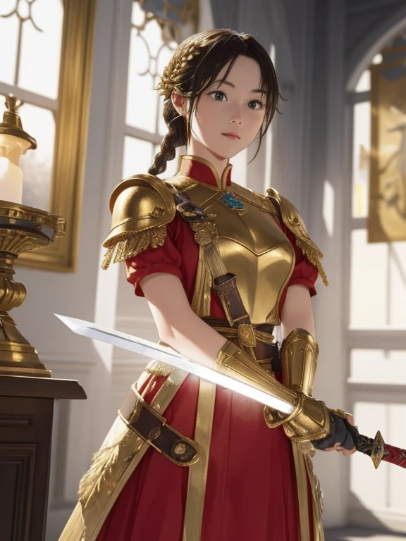 high quality artwork, Describing a girl, A painting displayed at the shrine。The girl in the picture is wearing gorgeous gilded armor，Holding a sword that emits dazzling light。Her wrist and sword gleamed brightly.。Her hair was tied into a pair of French braids.，Wearing a red dress under gilded armor。She stood there confidently，Grip the hilt of the sword with both hands。She has a brave attitude，Showing off her sword skills。