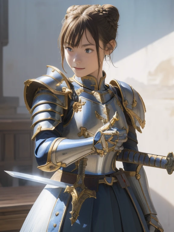 (best quality,highres,masterpiece:1.2),knowledgeable,shrine,1 girl,alone,armor,arm,sword,Shining Sword,Shining Arm,French braid,armor-ed dress,Shining,Gauntlet,Holding,breastplate,Double bun hairstyle,upper body,brave demeanor,brandishing sword,demonstrating swordsmanship