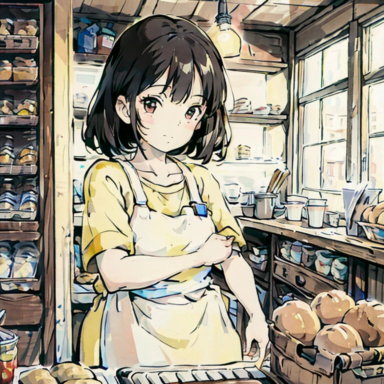 Chica de mediana edad con uniforme de panadera, serving in a bakery