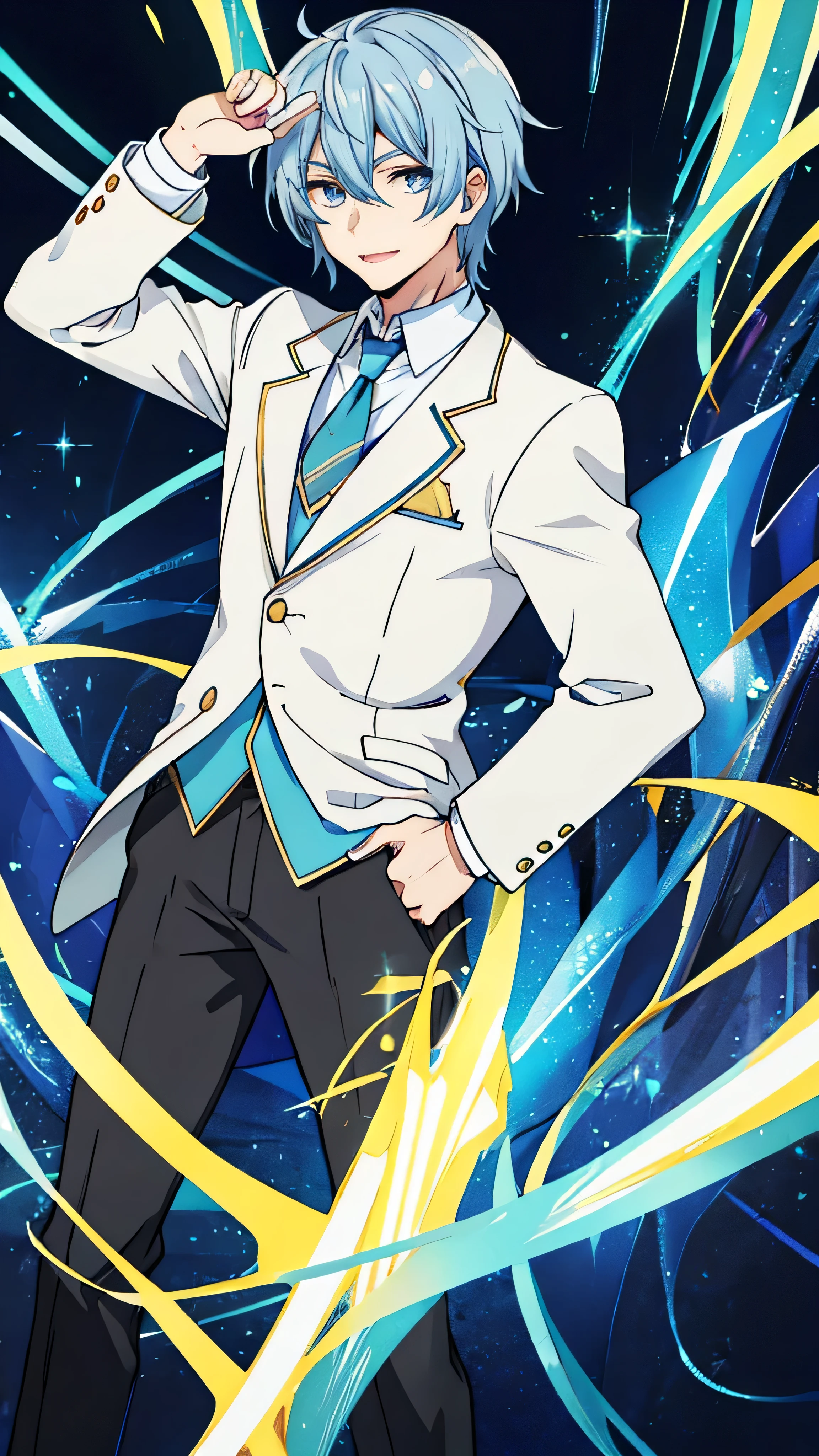 1 male, beautiful and cool character, blazer uniform, smiling a little, whole body, Are standing, white background, gold eye on left eye and blue eye on right eye, The left eye is golden and the right eye is blue-eyed, he is tall, 17-18 years old, senior high School, Bold, handsome man, authoritative, perverted face, cool pose, anime style, anime picture style, the details is so good, hd picture,4k, no bug and glitch, 