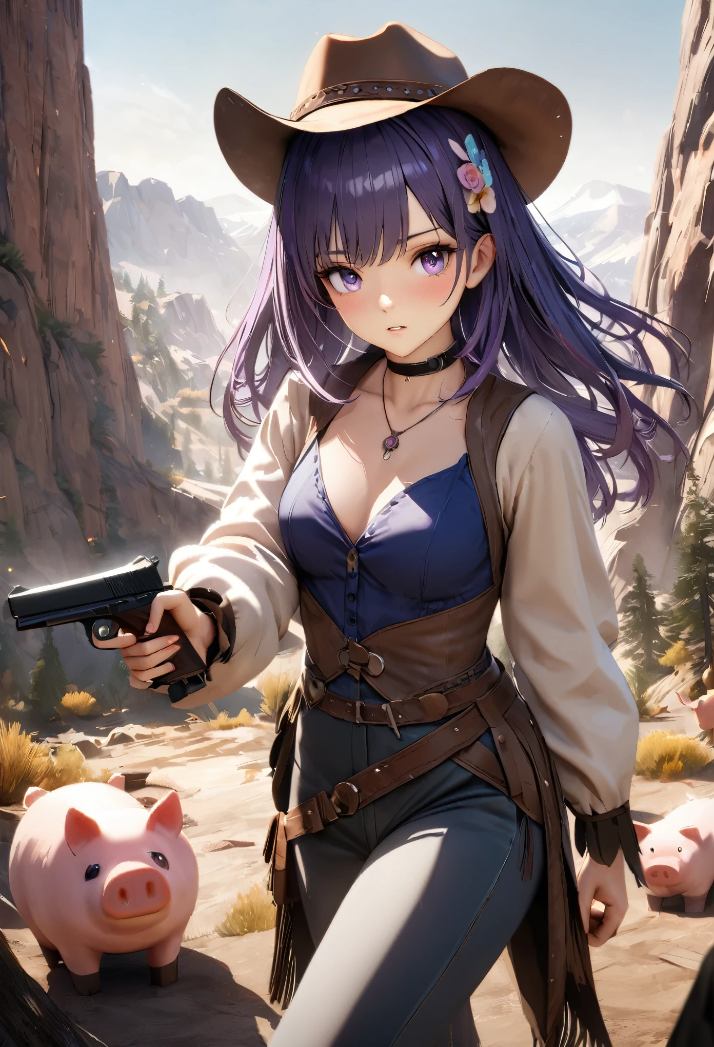 8k, super detail, best quality, 1girl, Full body portrait, (Big Breasts, Plump, Micro Bikini, Cowboy hat, Waving a sword), Straw sandals, black hair, multicolored hair, messy hair, big hair, wince, long eyelashes, fang, drop shadow, ((Japanese sword, Slashing zombies, Zombie hordes, Blood splatter))
