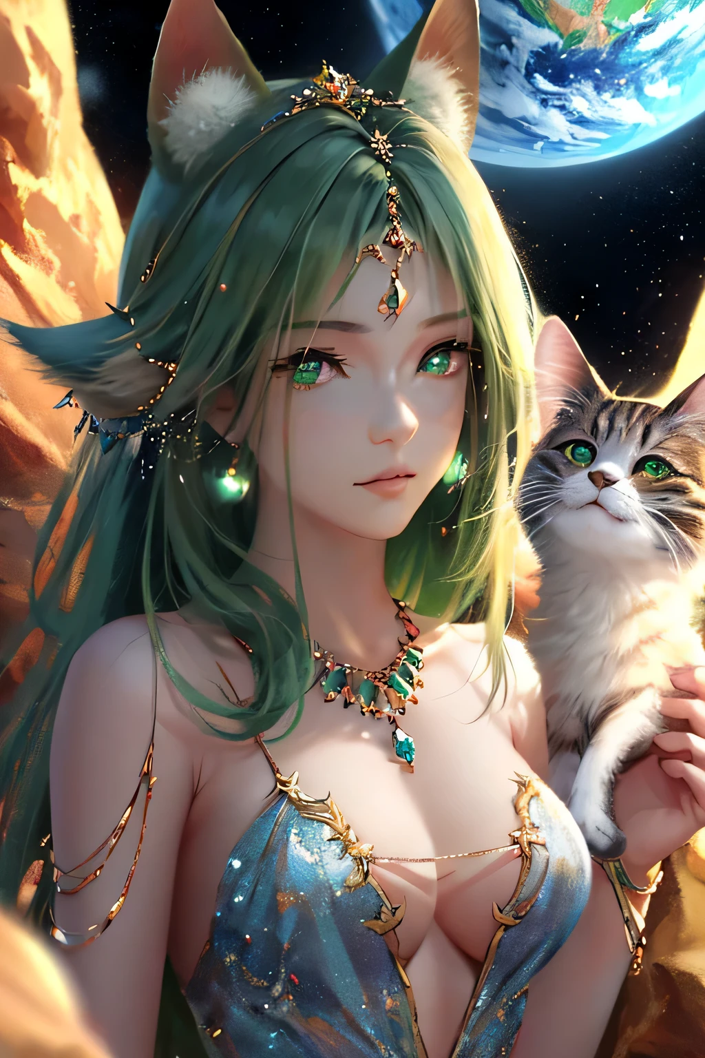 2D, (Best quality, masterpiece), anime, Highly detailed face, very detailed eyes, very detailed background, perfect lighting, whole body, 1 girl, One, Cat's ears, no ears, ears are not visible, space, Earth \(planet\), платье space, green eyes, Finely detailed eyes,