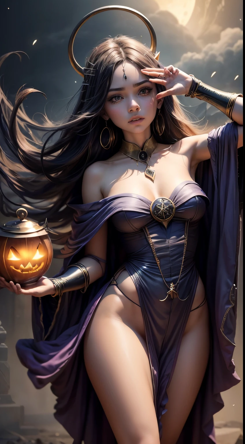 (La mejor calidad,4k,8K,Altas Resoluciones,Obra maestra:1.2),Ultra detallado,(realista,fotorrealista,fotorrealista:1.37), retrato, hechicera, Luz de la luna, calabaza, Resplandor espeluznante, espeluznante, atmospheric, encantador, Oscuro y encantador, Hora dorada, Hallowe'en, mystic, magical, bruja, witchcraft, Fascinante, ethereal, Mystical fog, Misterioso, Obsesionante, Grim figures, Bosque encantador, Hechicero, Rayo de luna, mystical aura, ojos hechizantes, cautivador, de otro mundo, witchcraft, cielo iluminado por la luna, Noche encantada, Silueta iluminada por la luna, mystical powers, mysterious atmosphere, lanzador de hechizos, Magia a la luz de la luna, inquietantemente hermosa, Encantamiento en el aire, ethereal beauty.