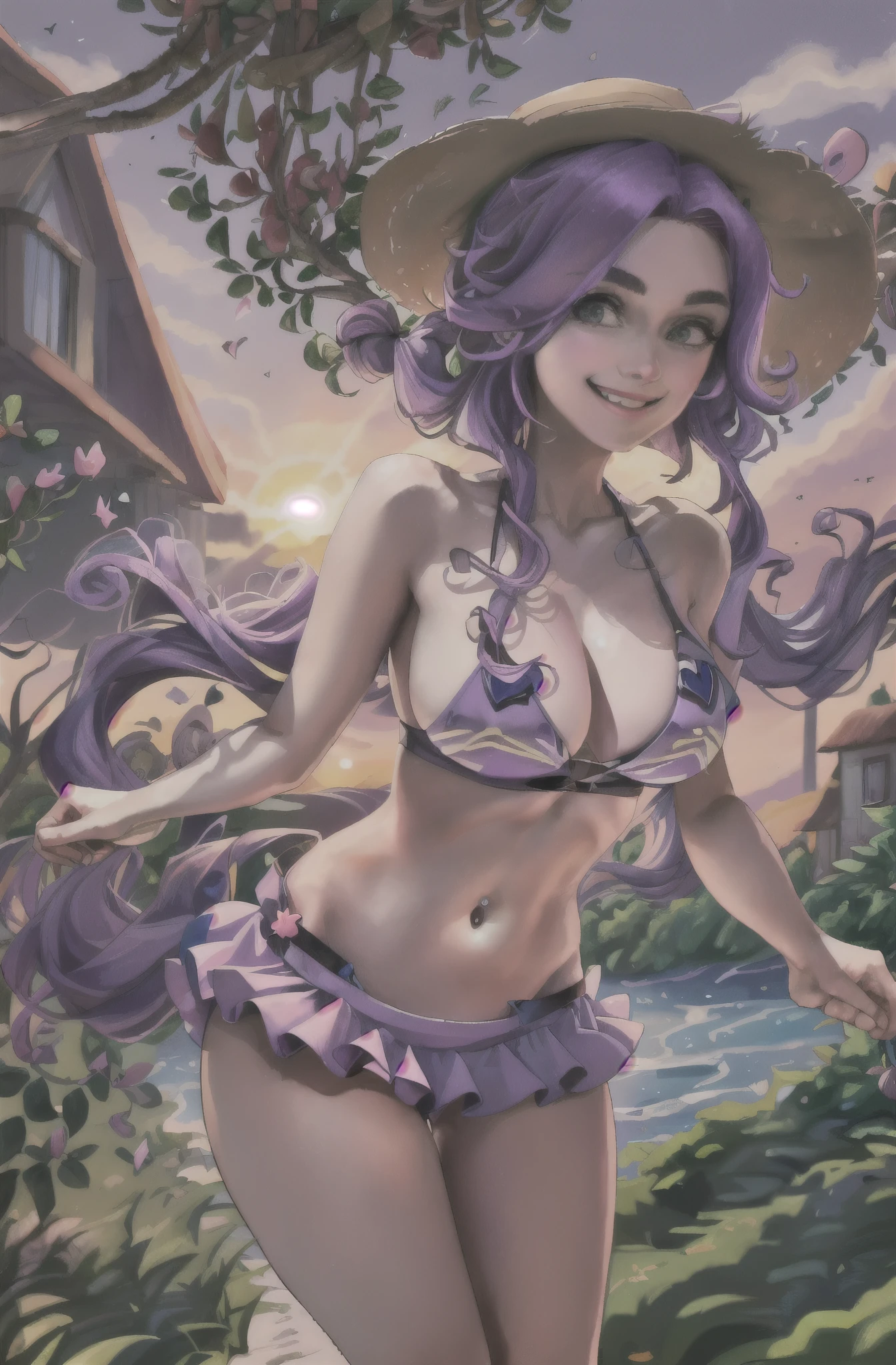 abigail stardew valley, purple hair, Pigtails. Miniskirt. Earring. Angel wings. Naked. . Heart-shaped vacant chest. Heart logo. Smile. Sunset beach. Straw hats. White wings.