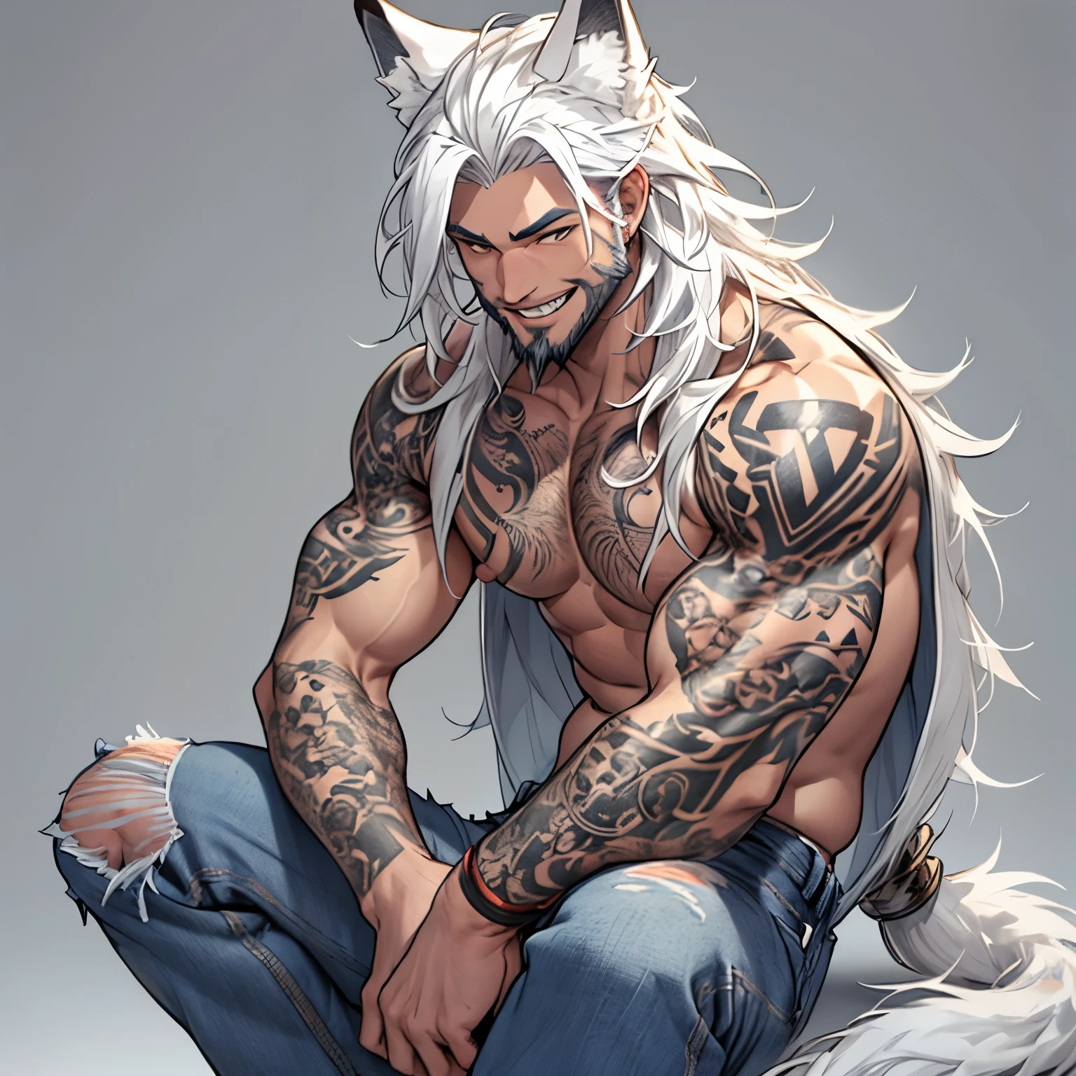 a happy himbo with a short gruffy beard and long white hair, has white wolf ears and isnt wearing a shirt, wearing blue denim jeans and is covered in heavy tribal tattoos, solo, alone, (SOLO)(ALONE) 1 male