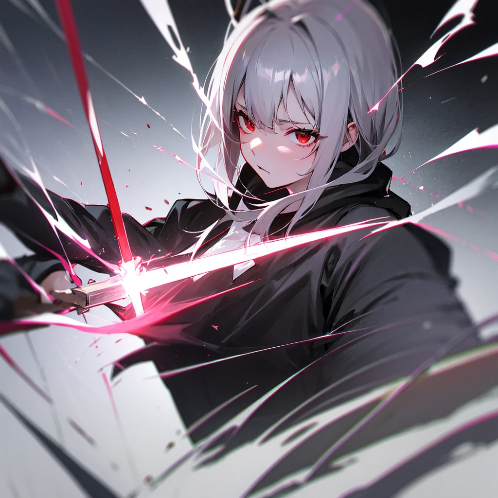 shining eyes,Black hoodie red eyes, gray haired, Bust-like,The camera captures the upper body,(Bust-likeカメラワーク),Pull the sword out of your chest(dynamic composition),The sword melts into your chest,The effect is spark