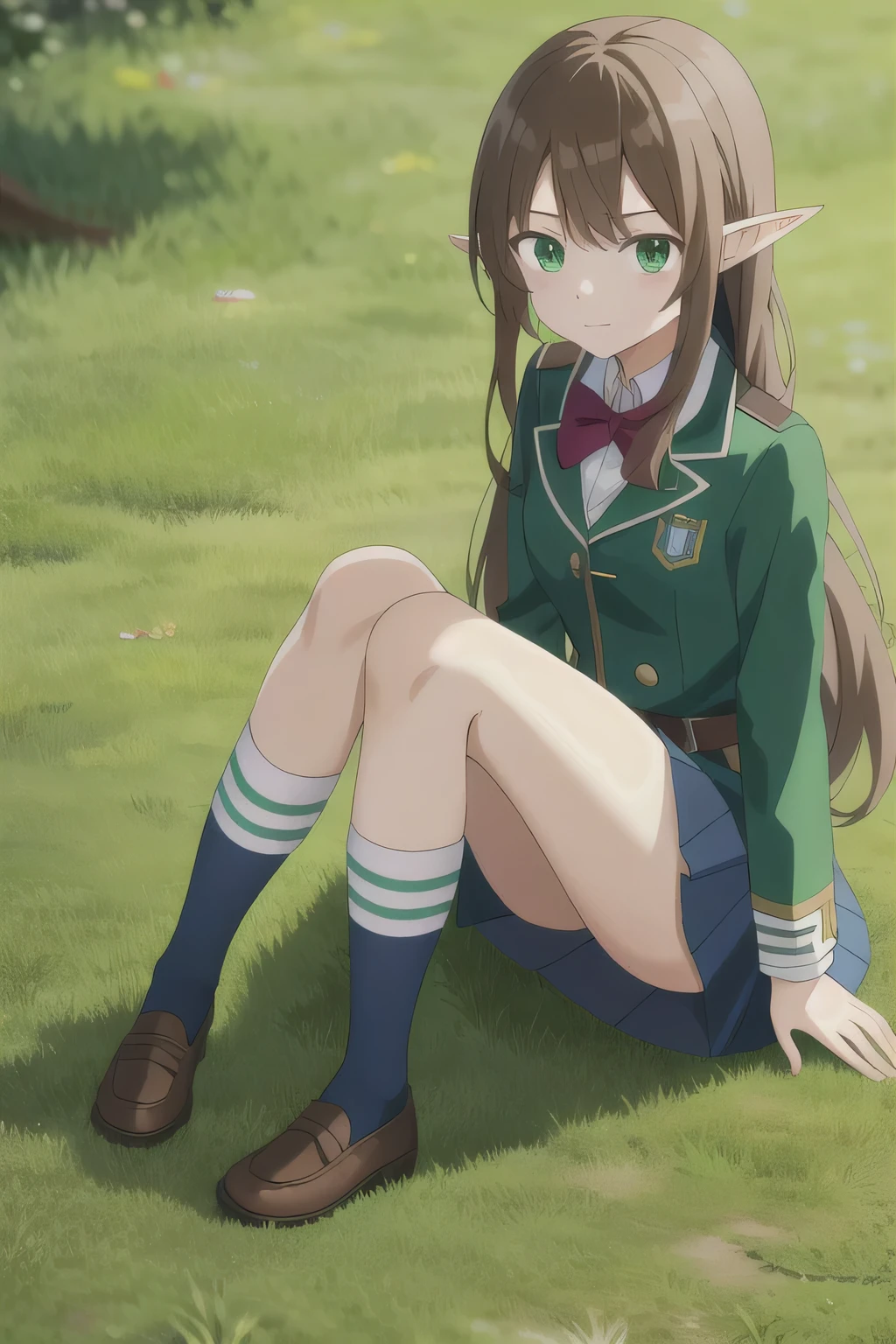 Anime, 1 girl, brown hair, long hair, green eyes, elf ears, body, uniform blue color, mini skirt, stoking, brown shoes, sit pose, wonderful background