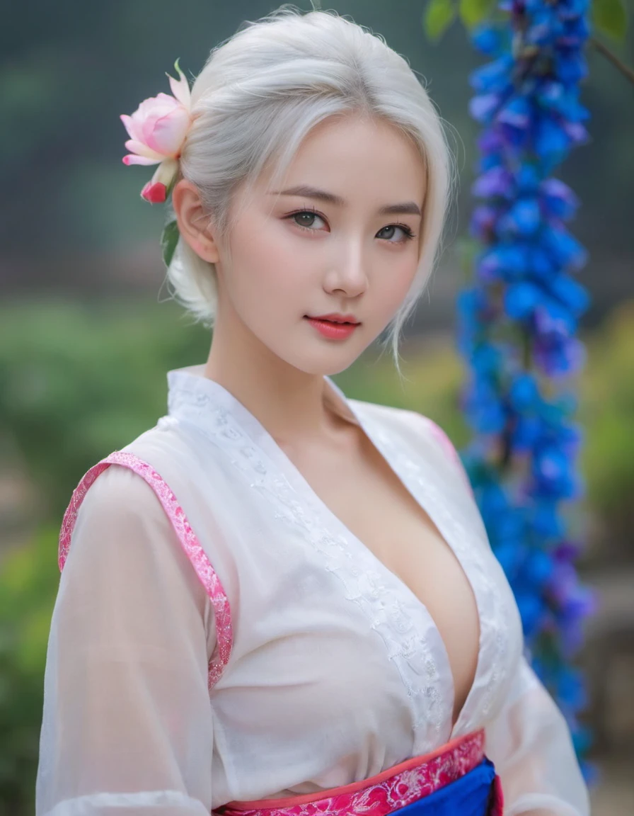 mix4, best quality, ultra high res, (photorealistic:1.4), masterpiece, highres, best quality, 1girl , solo, kamisato_ayaka, smile, sexy open legs pose, nude body, (small breast: 1), white hair color, soft lightning, sakura tree background, ultra realistic