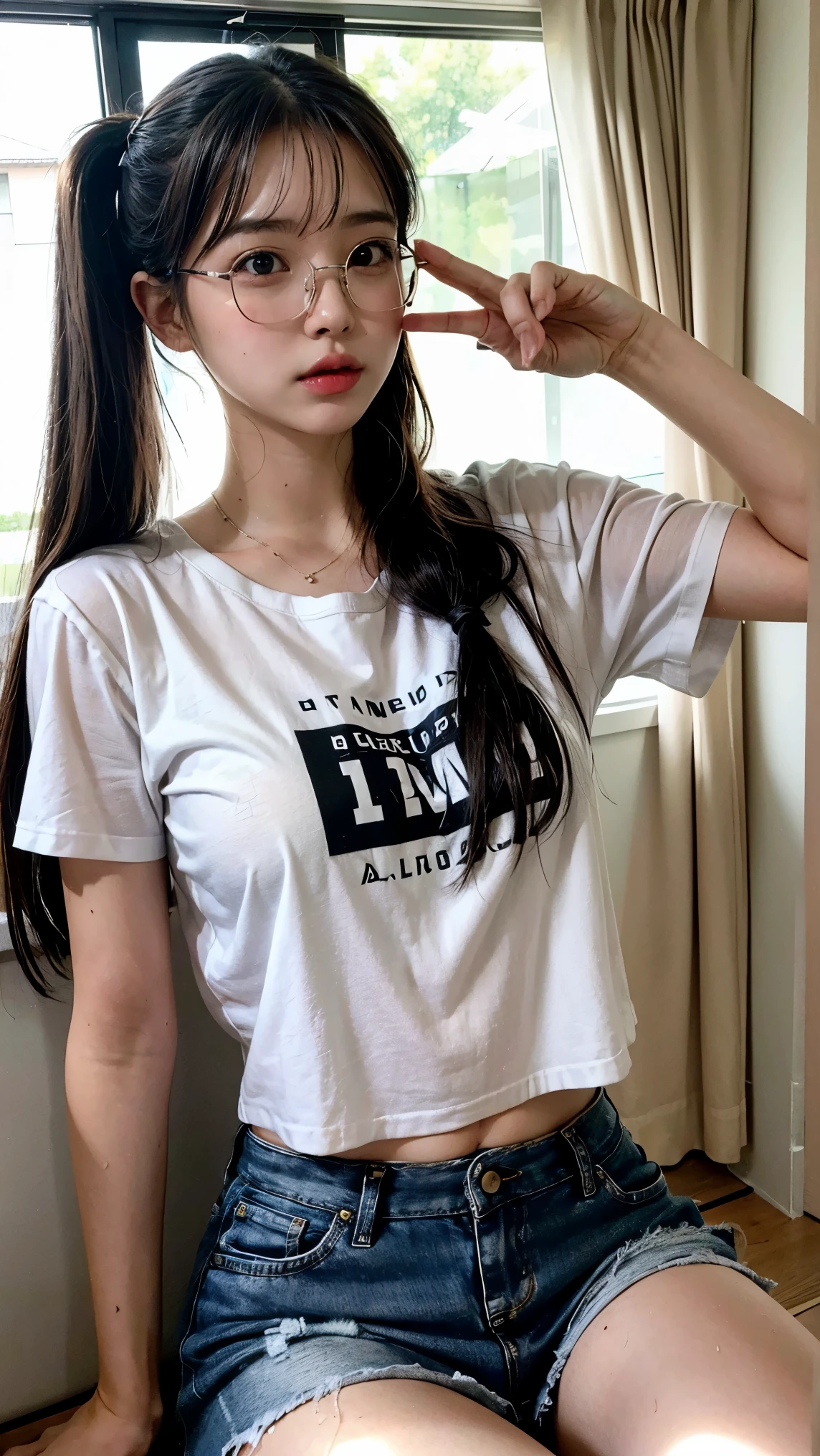 Best quality: 1.4, high resolution, perfect lighting, (1 girl), 20 years old, square frame glasses, twintails, house, wet t-shirt