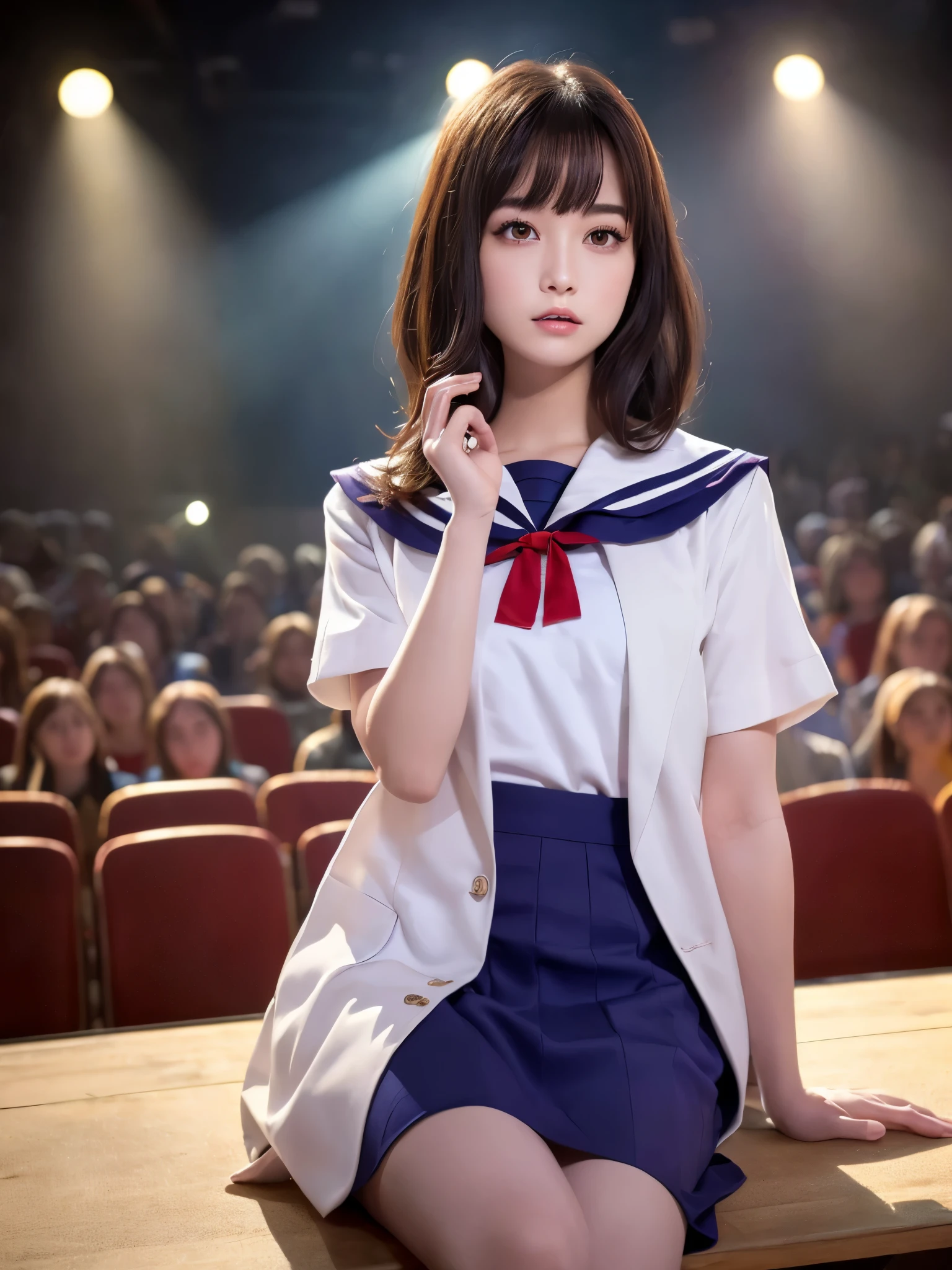 White base with purple-red sailor suit、tulle skirt、23 years old, Performing on an empty stage, concert photos, cute core、(bob hair)、(((watching the audience)))、ribbon on head、（自然でdetailed face立ち、beautiful and detailed eyes、beautiful and dense lips、very detailed eyes、detailed face、long eyelashes）（8K resolution）、High resolution、masterpiece：1.2 )、Super detailed、(real、photorealistic、photorealistic: 1.37)、8K、fantastic lighting、bright colors、sitting posture、bold spread legs