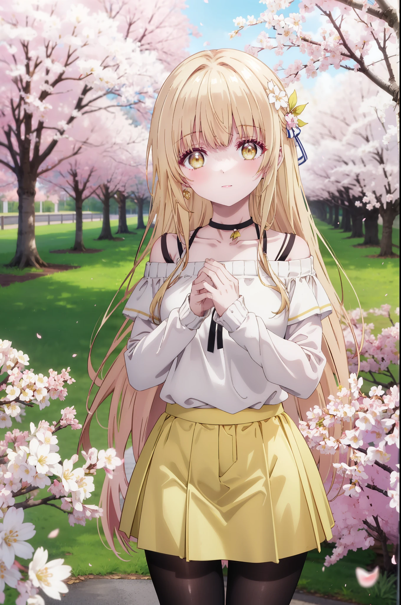 mahirushiina, Mahiru Shiina, long hair, bangs, blonde hair, brown hair, (yellow eyes:1.3), happy smile, smile, open your mouth,skirt,Pink off-shoulder sweater,bare shoulders,bare clavicle,naked neck,shorts,black pantyhose,Mini Boots,The cherry blossoms have bloomed,Cherry blossoms are scattered,Cherry blossom tree-lined path,morning,morning日,the sun is rising,So that the whole body goes into the illustration,From the top of your head,
break outdoors, garden,
break looking at viewer, (cowboy shot:1.5),
break (masterpiece:1.2), highest quality, High resolution, unity 8k wallpaper, (figure:0.8), (detailed and beautiful eyes:1.6), highly detailed face, perfect lighting, Very detailed CG, (perfect hands, perfect anatomy),
