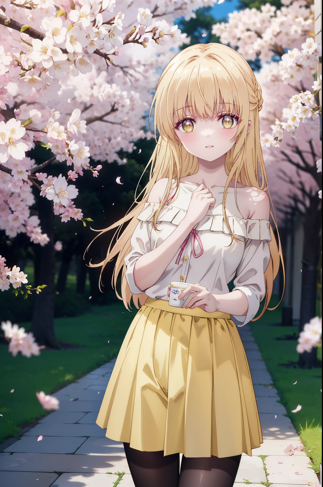 mahirushiina, Mahiru Shiina, long hair, bangs, blonde hair, brown hair, (yellow eyes:1.3), happy smile, smile, open your mouth,skirt,Pink off-shoulder sweater,bare shoulders,bare clavicle,naked neck,shorts,black pantyhose,Mini Boots,The cherry blossoms have bloomed,Cherry blossoms are scattered,Cherry blossom tree-lined path,morning,morning日,the sun is rising,So that the whole body goes into the illustration,From the top of your head,
break outdoors, garden,
break looking at viewer, (cowboy shot:1.5),
break (masterpiece:1.2), highest quality, High resolution, unity 8k wallpaper, (figure:0.8), (detailed and beautiful eyes:1.6), highly detailed face, perfect lighting, Very detailed CG, (perfect hands, perfect anatomy),