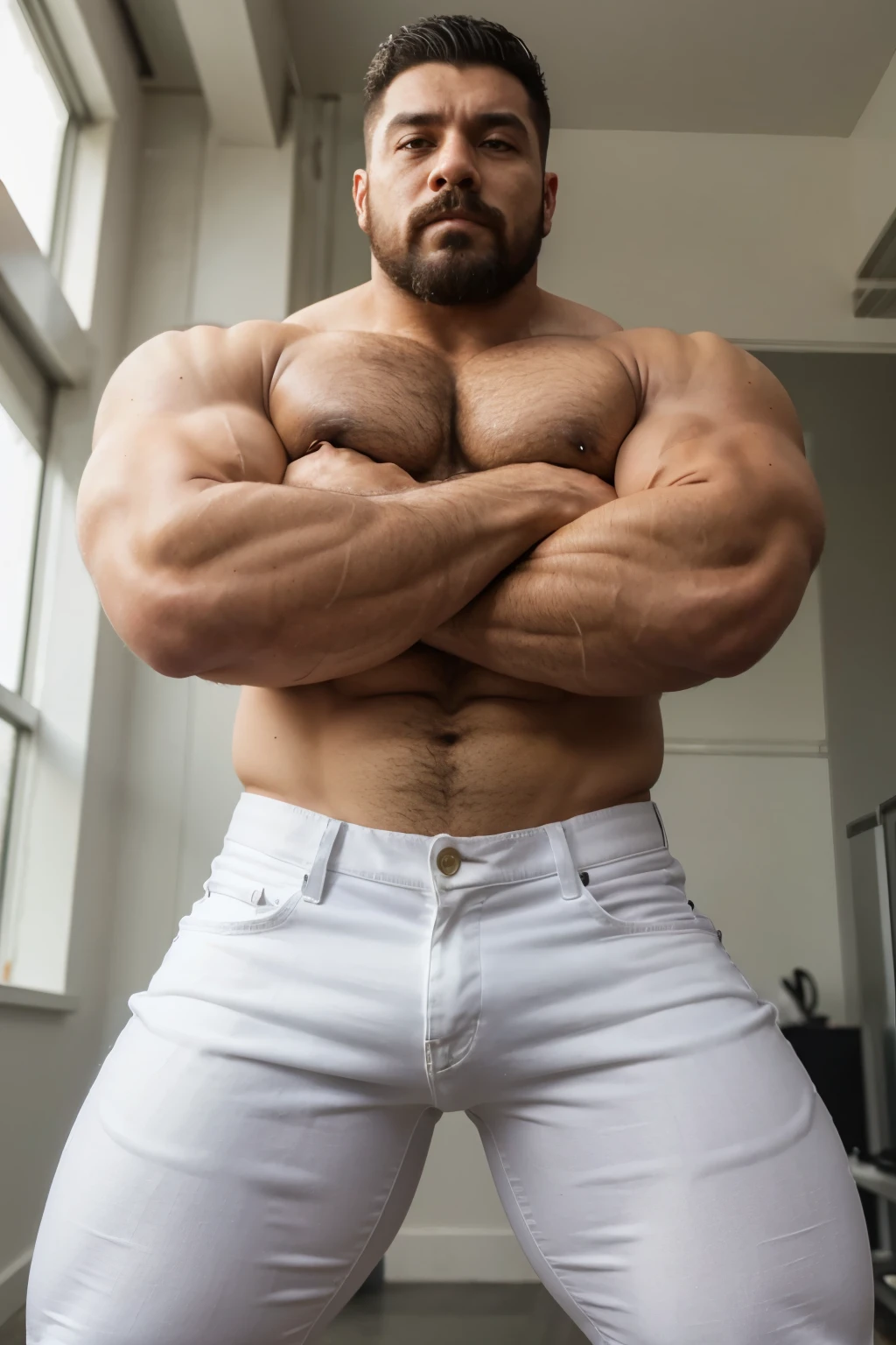 hulk photography, light cinematic heavyweight bodybuilder 75kg full muscle, Bigote grueso y trozo chino barbudo, hombres muy guapo. perfect body proportion,, hypermuscular nalgon, realista, white jeans, , trasero inclinado