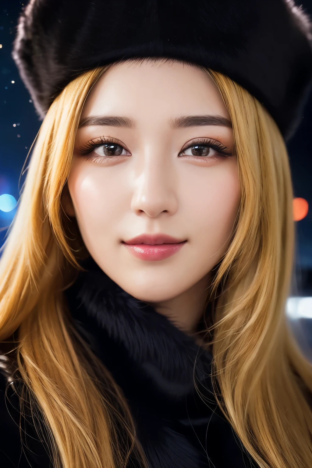 Material, long hair, blonde hair,fur trim, black hat, fur has, dress,(cowboy shot:1.1), yellow eyes, (luggage:1.1), vapor (station:1.1),stationのプラットホーム, night, Milky Way,999 highest quality, very detailed, masterpiece, disorganized,8K, (fine eyes, deep eyes),photorealistic, realistic,detailed skin texture, detailed pupil,HDR,
1 female,(Happy:1.1),smile, (angular face:1.2),shiny face,big breasts, (tight waist:1.1), Lip Makeup,long eyelashes
