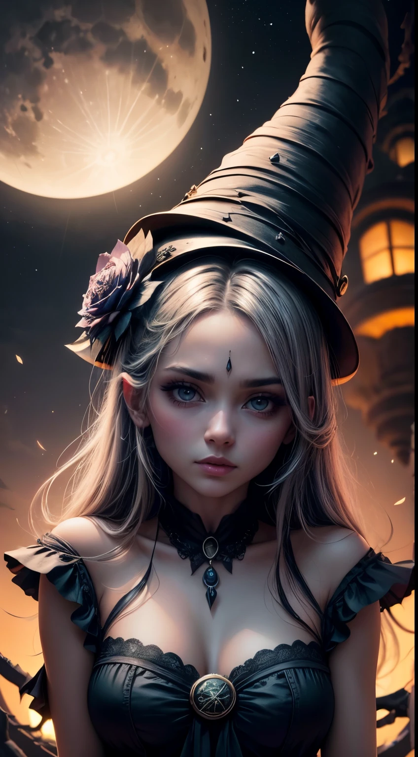 (La mejor calidad,4k,8K,Altas Resoluciones,Obra maestra:1.2),Ultra detallado,(realista,fotorrealista,fotorrealista:1.37), retrato, hechicera, Luz de la luna, calabaza, Resplandor espeluznante, espeluznante, atmospheric, encantador, Oscuro y encantador, Hora dorada, Hallowe'en, mystic, magical, bruja, witchcraft, Fascinante, ethereal, Mystical fog, Misterioso, Obsesionante, Grim figures, Bosque encantador, Hechicero, Rayo de luna, mystical aura, ojos hechizantes, cautivador, de otro mundo, witchcraft, cielo iluminado por la luna, Noche encantada, Guarida de la hechicera, Calabaza embrujada, Silueta iluminada por la luna, mystical powers, mysterious atmosphere, lanzador de hechizos, Magia a la luz de la luna, inquietantemente hermosa, Encantamiento en el aire, ethereal beauty.