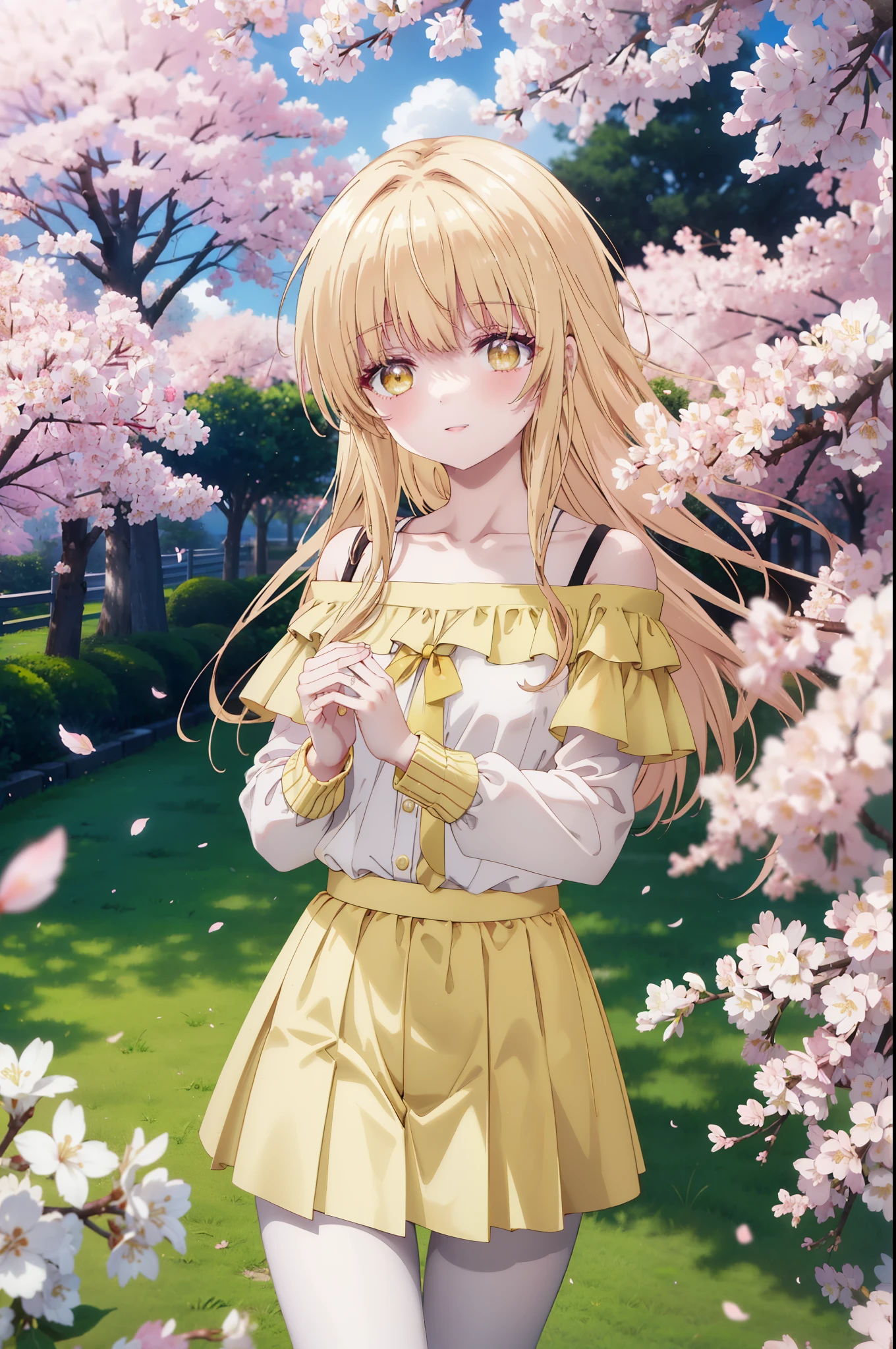 mahirushiina, Mahiru Shiina, long hair, bangs, blonde hair, brown hair, (yellow eyes:1.3), happy smile, smile, open your mouth,skirt,Pink off-shoulder sweater,bare shoulders,bare clavicle,naked neck,shorts,black pantyhose,Mini Boots,The cherry blossoms have bloomed,Cherry blossoms are scattered,Cherry blossom tree-lined path,morning,morning日,the sun is rising,So that the whole body goes into the illustration,From the top of your head,
break outdoors, garden,
break looking at viewer, (cowboy shot:1.5),
break (masterpiece:1.2), highest quality, High resolution, unity 8k wallpaper, (figure:0.8), (detailed and beautiful eyes:1.6), highly detailed face, perfect lighting, Very detailed CG, (perfect hands, perfect anatomy),