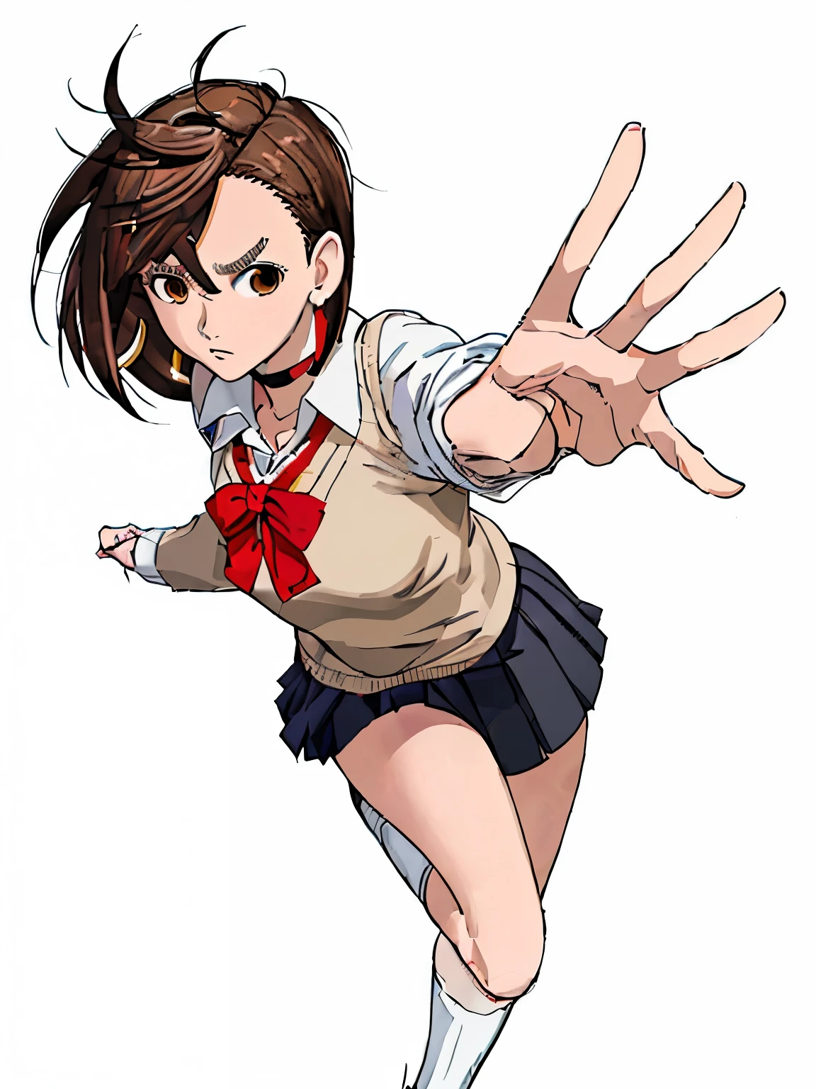 anime girl in with her hands out and her hand out, fighting pose, official character art, with index finger, momo ayase, short hair, brown hair, (brown eyes:1.5), bangs, thick eyebrows, skirt, , pleated skirt, socks, sweater vest, collared shirt, earrings, red ribbon on neckline, black choker,