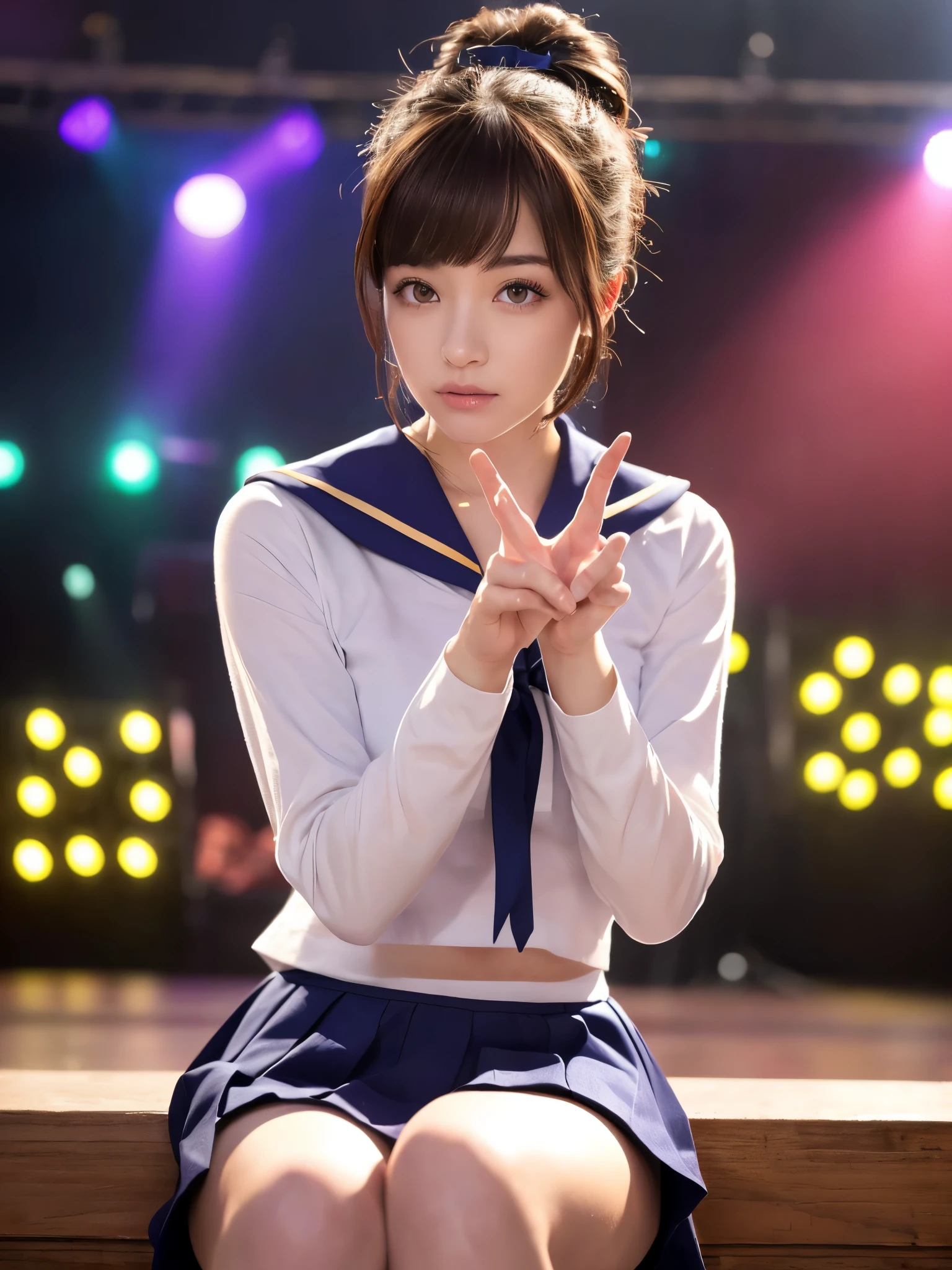 White base with purple-red sailor suit、tulle skirt、23 years old, Performing on an empty stage, concert photos, cute core、(bob hair)、(((watching the audience)))、ribbon on head、(自然でdetailed face立ち、beautiful and detailed eyes、beautiful and dense lips、very detailed eyes、detailed face、long eyelashes)(8K resolution)、High resolution、masterpiece:1.2 )、Super detailed、(real、photorealistic、photorealistic: 1.37)、8K、fantastic lighting、bright colors、sitting posture、bold spread legs、(anatomically correct)、(perfect body proportions)、(natural hands、natural fingers)