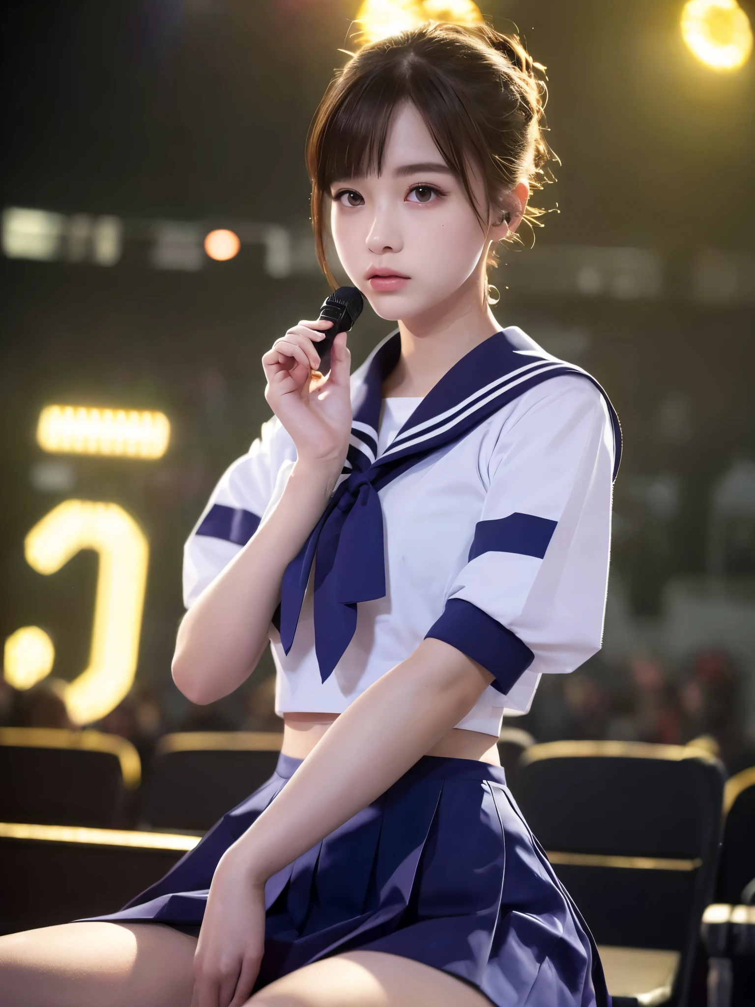 White base with purple-red sailor suit、tulle skirt、23 years old, Performing on an empty stage, concert photos, cute core、(bob hair)、(((watching the audience)))、ribbon on head、(自然でdetailed face立ち、beautiful and detailed eyes、beautiful and dense lips、very detailed eyes、detailed face、long eyelashes)(8K resolution)、High resolution、masterpiece:1.2 )、Super detailed、(real、photorealistic、photorealistic: 1.37)、8K、fantastic lighting、bright colors、sitting posture、bold spread legs、(anatomically correct)、(perfect body proportions)、(natural hands、natural fingers)