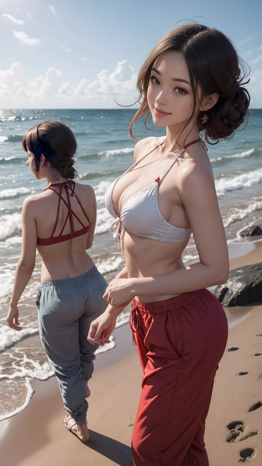 ((最high quality, 8K, masterpiece: 1.3, Ultra HD, high quality, 最high quality, High resolution, realism)) 、25 year old white woman、blonde、blue eyes、long hair、straight hair、smile、Slender but well-proportioned muscular body、I don&#39;t want my head to disappear from the screen.、Wearing red nail polish、I have a peticure、Lower milk visible((cross halter neck))wearing tops、I can see my bellybutton、My abs are cracked、Breast shape is deer drop type、Sheer((harem pants))I'm wearing pants、I&#39;m wearing beach sandals、Hair styles up、I&#39;m on the shore of the ocean with the horizon in sight、Get your feet wet with seawater、smile