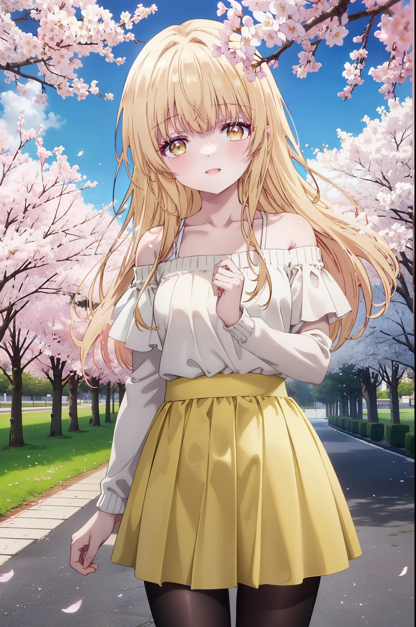 mahirushiina, Mahiru Shiina, long hair, bangs, blonde hair, brown hair, (yellow eyes:1.3), happy smile, smile, open your mouth,skirt,Pink off-shoulder sweater,bare shoulders,bare clavicle,naked neck,ロングskirt,black pantyhose,Mini Boots,The cherry blossoms have bloomed,Cherry blossoms are scattered,Cherry blossom tree-lined path,morning,morning日,the sun is rising,So that the whole body goes into the illustration,From the top of your head,
break outdoors, garden,
break looking at viewer, (cowboy shot:1.5),
break (masterpiece:1.2), highest quality, High resolution, unity 8k wallpaper, (figure:0.8), (detailed and beautiful eyes:1.6), highly detailed face, perfect lighting, Very detailed CG, (perfect hands, perfect anatomy),