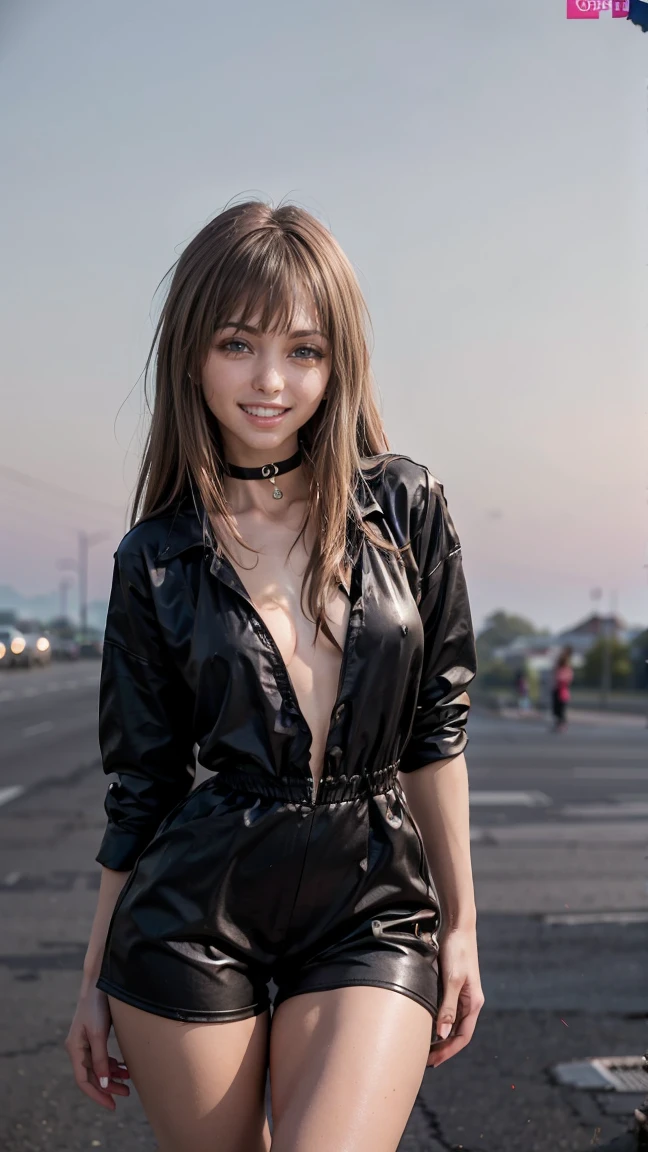 (Muscular:1.6), (thick thighs), 
woman, blunt bangs, long hair, (big smile:1.6),
eyeshadow, lipstick, choker, (cleavage), (playful romper), dr4p3,
looking at viewer, (three quarter view), upper body view
rim lighting, detailed skin, detailed eyes