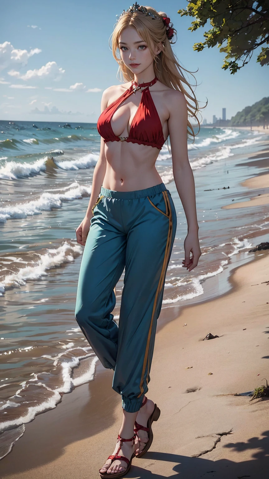 ((最high quality, 8K, masterpiece: 1.3, Ultra HD, high quality, 最high quality, High resolution, realism)) 、25 year old white woman、blonde、blue eyes、long hair、straight hair、smile、Slender but well-proportioned muscular body、I don't want my head to disappear from the screen.、Wearing red nail polish、I have a peticure、Lower milk visible((cross halter neck))wearing tops、I can see my bellybutton、My abs are cracked、Breast shape is deer drop type、Sheer((harem pants))I'm wearing pants、I'm wearing beach sandals、Hair styles up、I'm on the shore of the ocean with the horizon in sight、Get your feet wet with seawater、smile