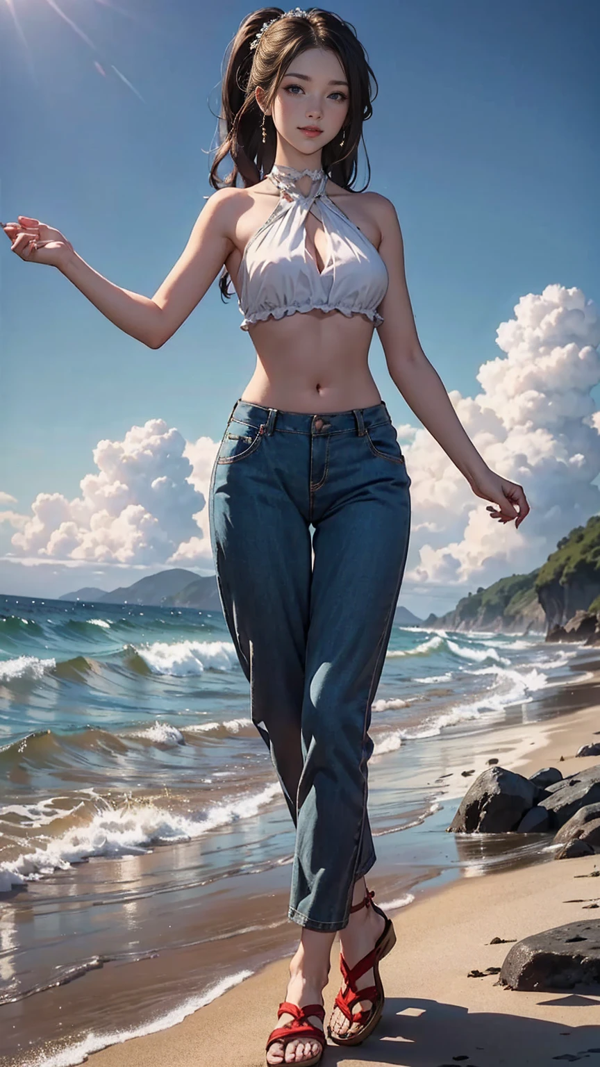 ((最high quality, 8K, masterpiece: 1.3, Ultra HD, high quality, 最high quality, High resolution, realism)) 、25 year old white woman、blonde、blue eyes、long hair、straight hair、smile、Slender but well-proportioned muscular body、I don't want my head to disappear from the screen.、Wearing red nail polish、I have a peticure、Lower milk visible((cross halter neck))wearing tops、I can see my bellybutton、My abs are cracked、Breast shape is deer drop type、Sheer((harem pants))I'm wearing pants、I'm wearing beach sandals、Hair styles up、I'm on the shore of the ocean with the horizon in sight、Get your feet wet with seawater、smile