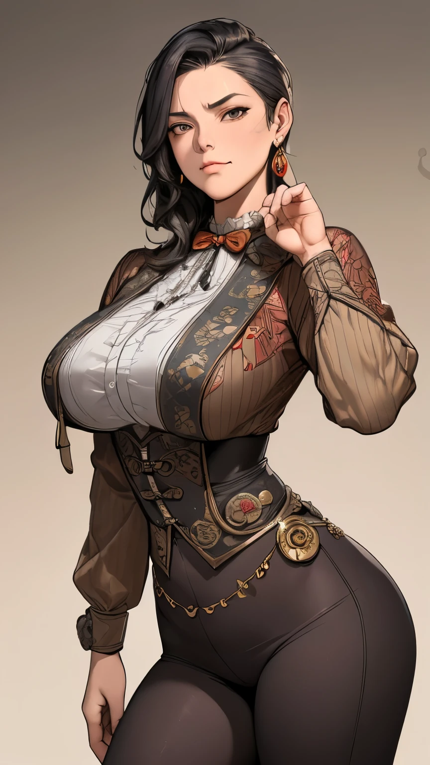 (masterpiece:1.3), (disorganized:1.3), (highest quality:1.3),(perfect anatomy),detailed face,Steam punk, Victorian era,Hong kong,Kowloon,horizontal angle,hands,(looking at viewer), (Super detailed:1.3),(best shadow:0.7), solo,1 middle age woman around 50 years old,Taoist,saggy breast,(treated hair), pulled back hair,fine eyes, beautiful eyes, 1 middle age woman, ((saggy breast)),alone, standing, crystal earrings,closed_mouth, arm_behind_return,rest outdoors, intimidating pose,cowboy shot