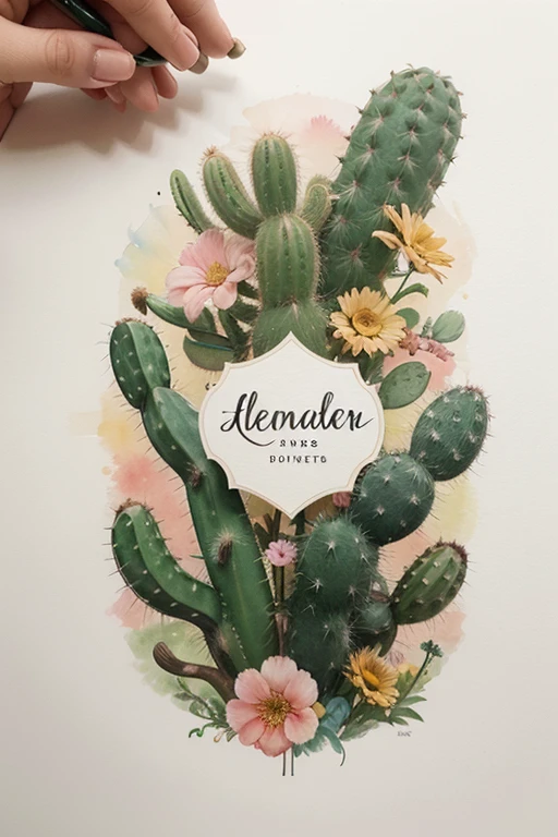 Create a brand logo with images of flowers and cacti and summer in a watercolor drawing style and with advertisements "flor de cacto loja" com letras arredondadas  