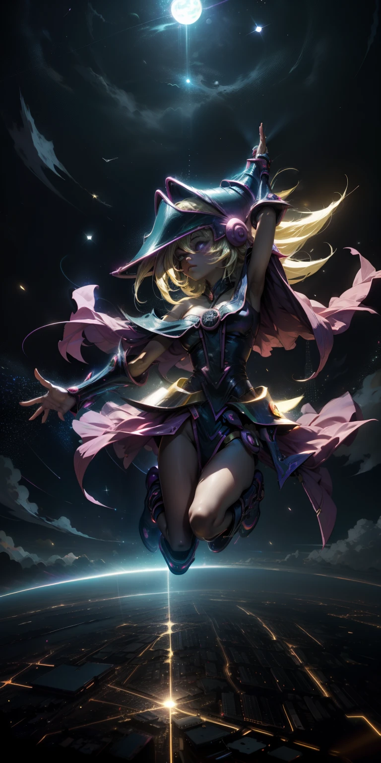 Mujer preciosa dark magician girl ( neon cyberpunk ), The neon sings, neon lighting, RTX chica maga oscura iluminando volando en el aire. Encima de la ciudad a media noches. Luna llena. Cielos de estrellas. Mago oscuro volando