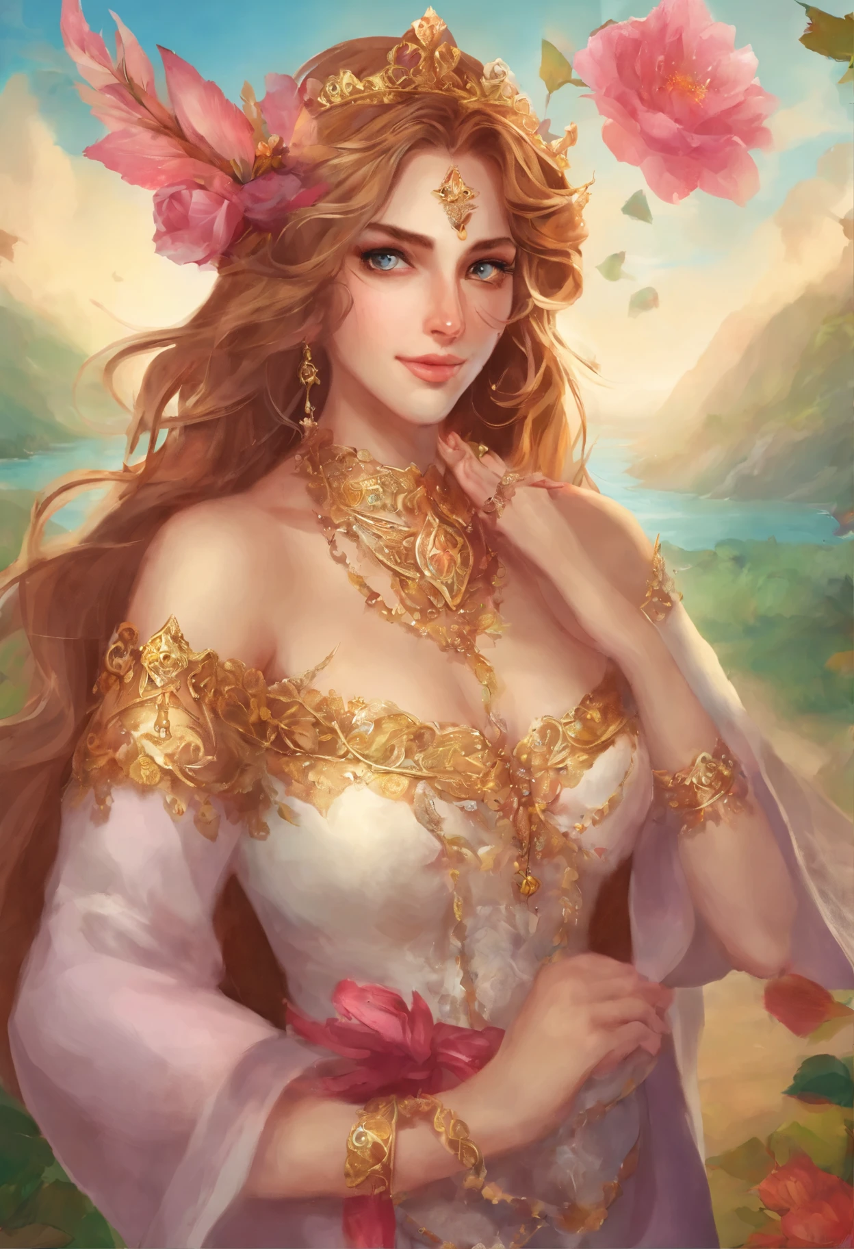 Crie para mim uma mulher bonita, com pele Branca, olhos azuis vibrantes e cabelo loiro dourado, com um sorriso doce sincero, com um vestido rosa, with rings, colares e pulseiras de ouro e diamantes