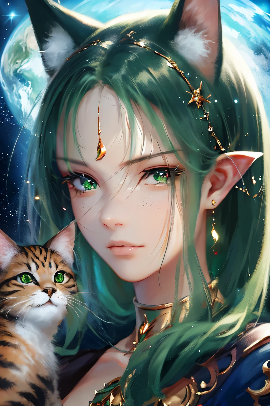 2D, (Best quality, masterpiece), anime, Highly detailed face, very detailed eyes, very detailed background, perfect lighting, whole body, 1 girl, One, Cat's ears, ears are not visible, space, Earth \(planet\), платье space, green eyes, Finely detailed eyes,