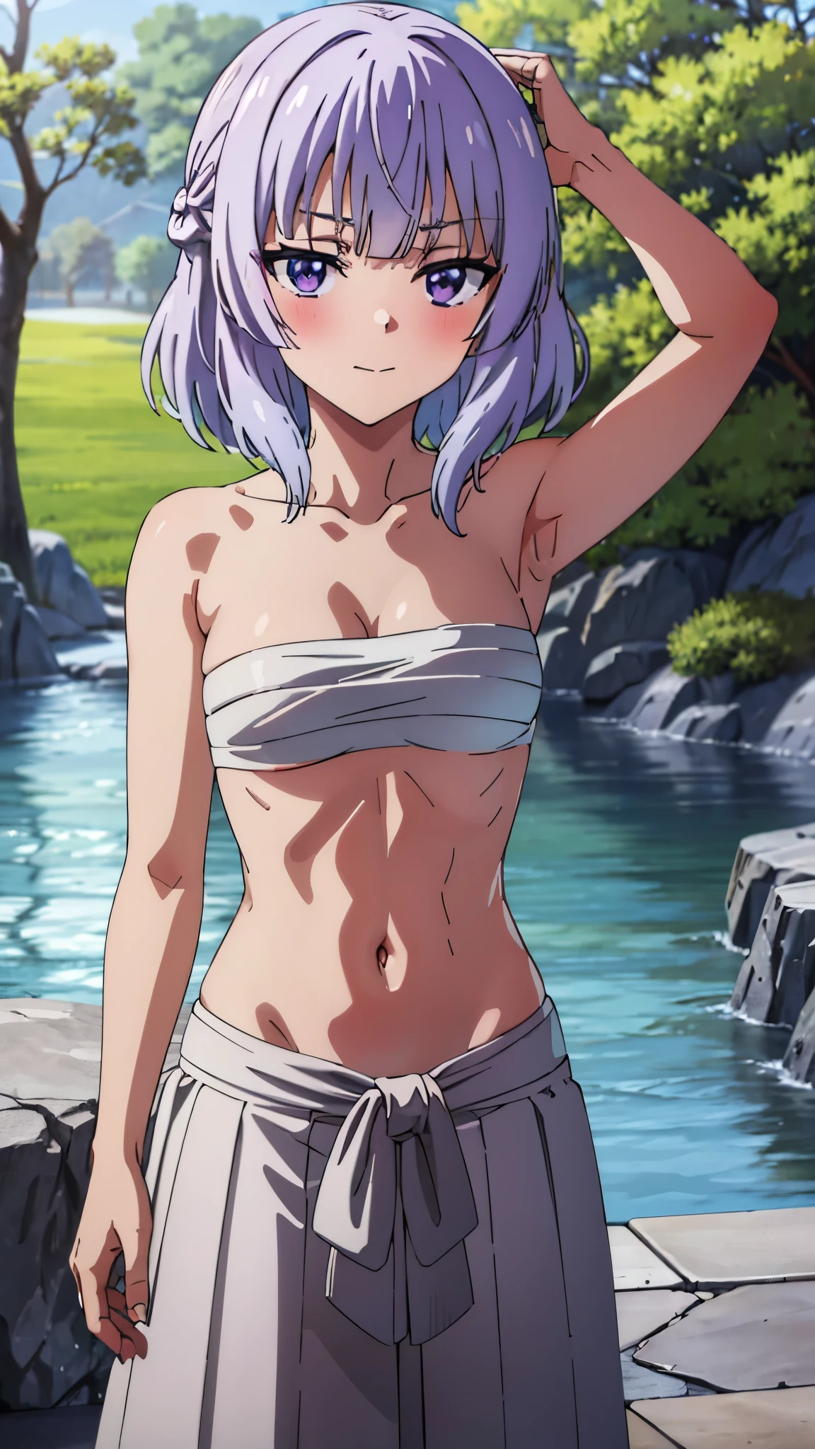 short girl, masterpiece, highres, solo, 8k, detailed, perfect face, best quality, (ultra high quality), (looking at viewers), (armpit), collarbone, bare arms, bare shoulders, small breast, cleavage, silver hair, violet eyes, belly, stomach, navel, abs, sarashi chest, bandaged breast, (red hakama), slim body, upper body, closed mouth, blush, at forest, hand up