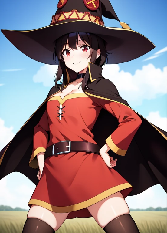 ((masterpiece)), (best quality:1.7), (detailed:1.4), (high res:1.4), 8k, (colorful:1.5), 2d, high resolution, sharped image, 4k, hd, megumin_konosuba, 1girl, (((solo))), ((black hair)), black thighhighs, wicth, witch hat, brown belt, red eyes, red dress, middle body, cowboy shot, smile, ((medium breasts)), (((cape))), peace symbol, long sleeves, (cleavage), legs, long legs, school, ((field)), sun, sky, clouds, spread legs, ((looking at viewer)), (((two arms))), (((two hands))), choker, ((black cape)), ((((hands on own hips)))), belt, particles, cinematic lights, blush, surprised, 