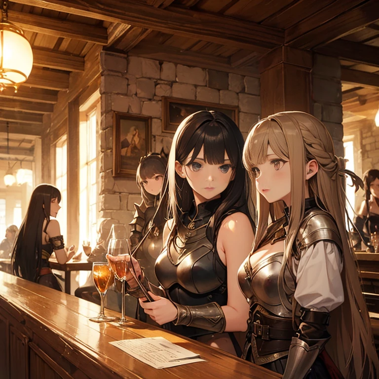 A group of female medieval fantasy adventurers, (in tavern), various hair styles, harem, night, details face, seducing, sleeveless, armor