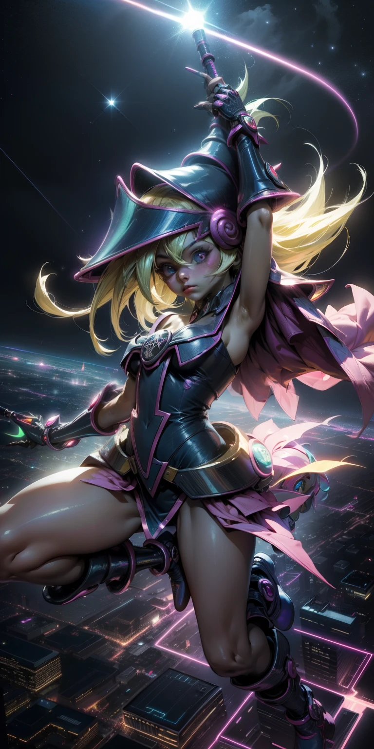 Mujer preciosa dark magician girl ( neon cyberpunk ), The neon sings, neon lighting, RTX chica maga oscura iluminando volando en el aire. Encima de la ciudad a media noches. Luna llena. Cielos de estrellas. Mago oscuro volando