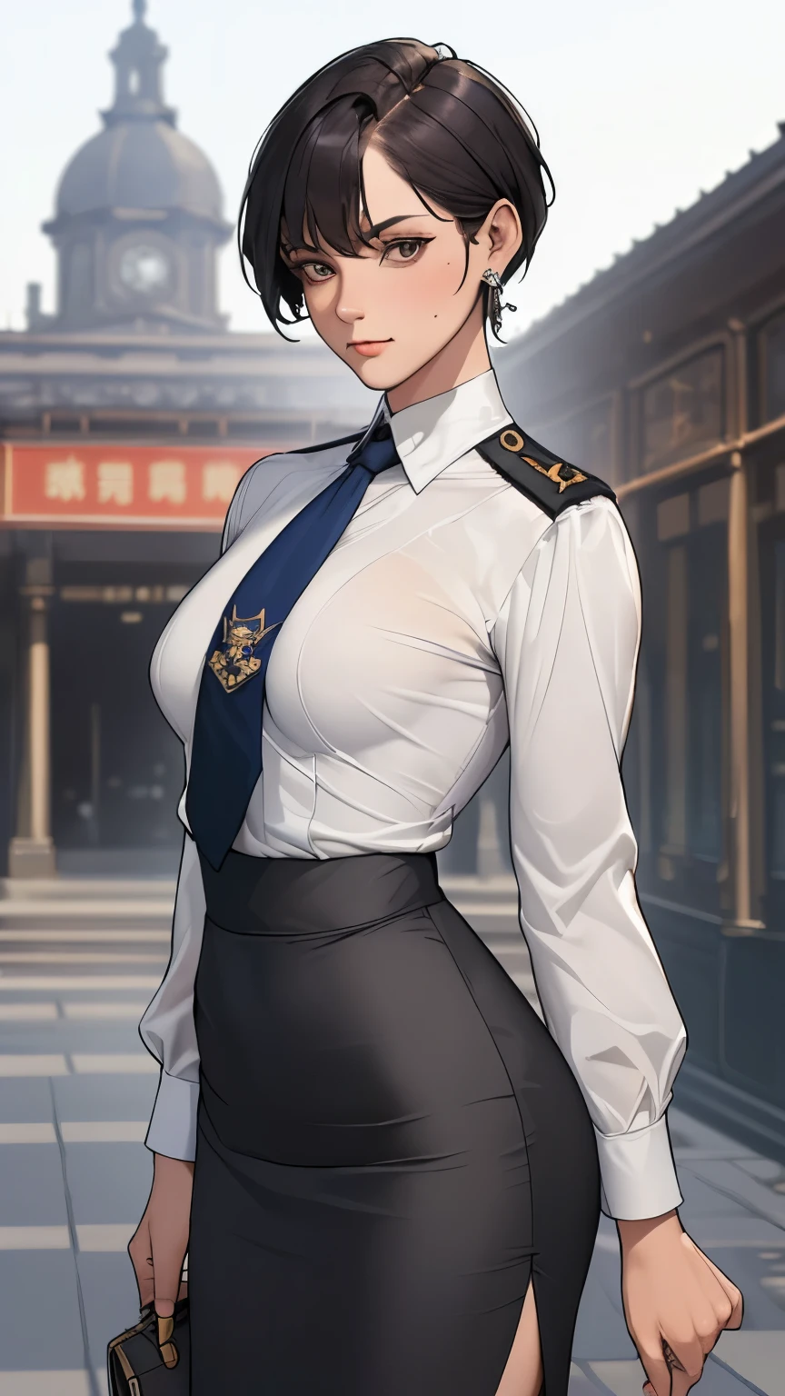 (masterpiece:1.3), (disorganized:1.3), (highest quality:1.3),(perfect anatomy),detailed face,Steam punk,Victorian era,Hong kong,Kowloon ruins,horizontal angle,hands,(looking at viewer), (Super detailed:1.3),(best shadow:0.7), solo,1 middle aged woman,saggy small breast,(treated hair), pixie cut,fine eyes, beautiful eyes, 1 middle aged woman, ((saggy small breast)),naval officer,alone, standing, crystal earrings,closed_mouth, arm_behind_return, (naval uniform,insignia,pencil skirt,tie), rest outdoors, intimidating pose,cowboy shot