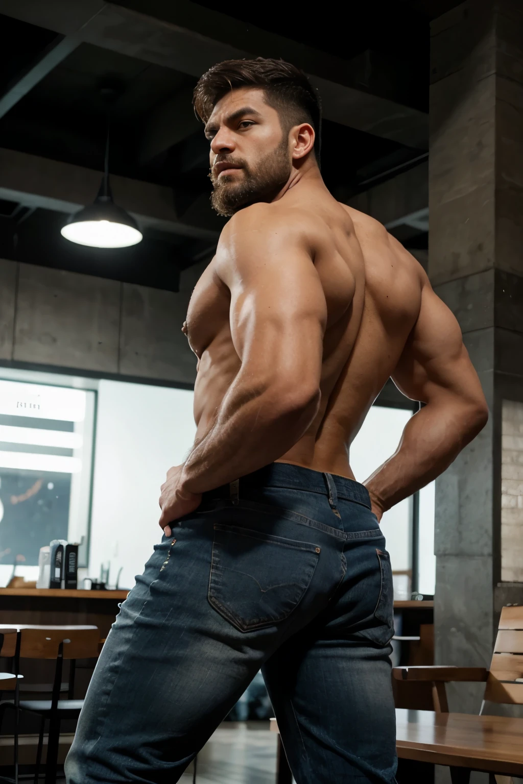 an illustration of hulk, a Greek god with a muscular build and a short, neat beard............., nalgon de espaldas, designed in modern western attire............. El escenario es una ciudad cosmopolita............, evoking a classic cold atmosphere, sin dejar de mantener el aura poderosa y regia del dios. Gray jeans backside, bent over